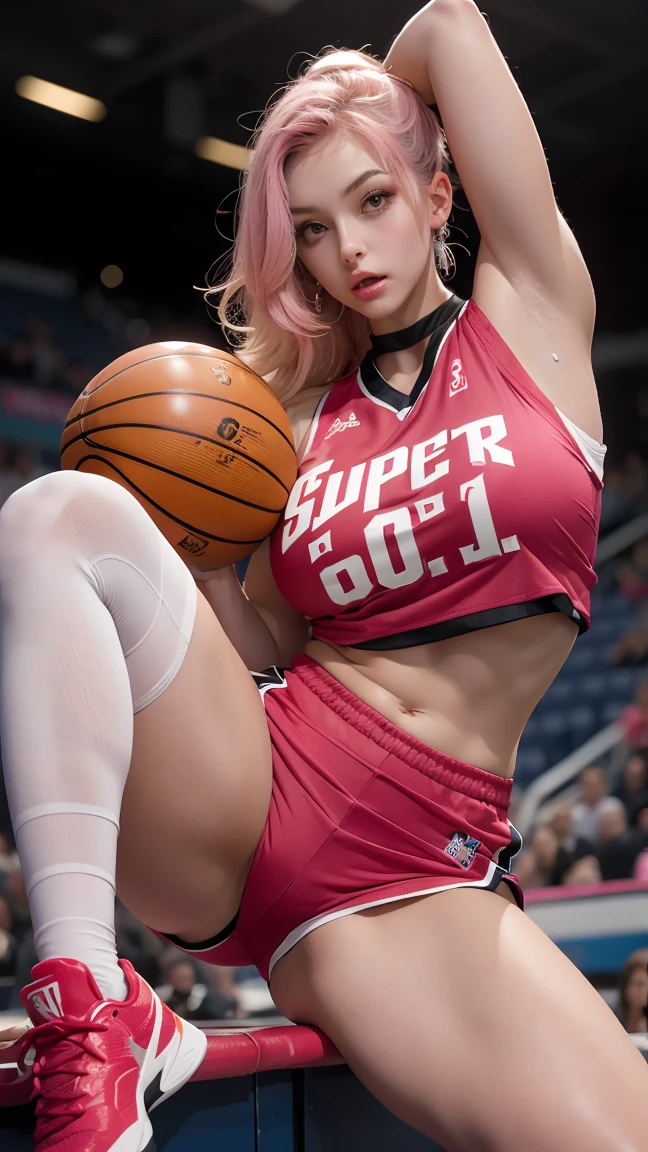 Psychedelic world、 basketball uniform and basketball shorts 、Cute cheerleader girl 、28 year old girls accentuated super huge enormously gigantic  spreading her legs open, seductive pose 、very long pink hair、colorful vibrant background、basketball game background、perfect lighting、sharp focus、High definition、high resolution、High color rendering、High resolution、Super realistic、photo realistic