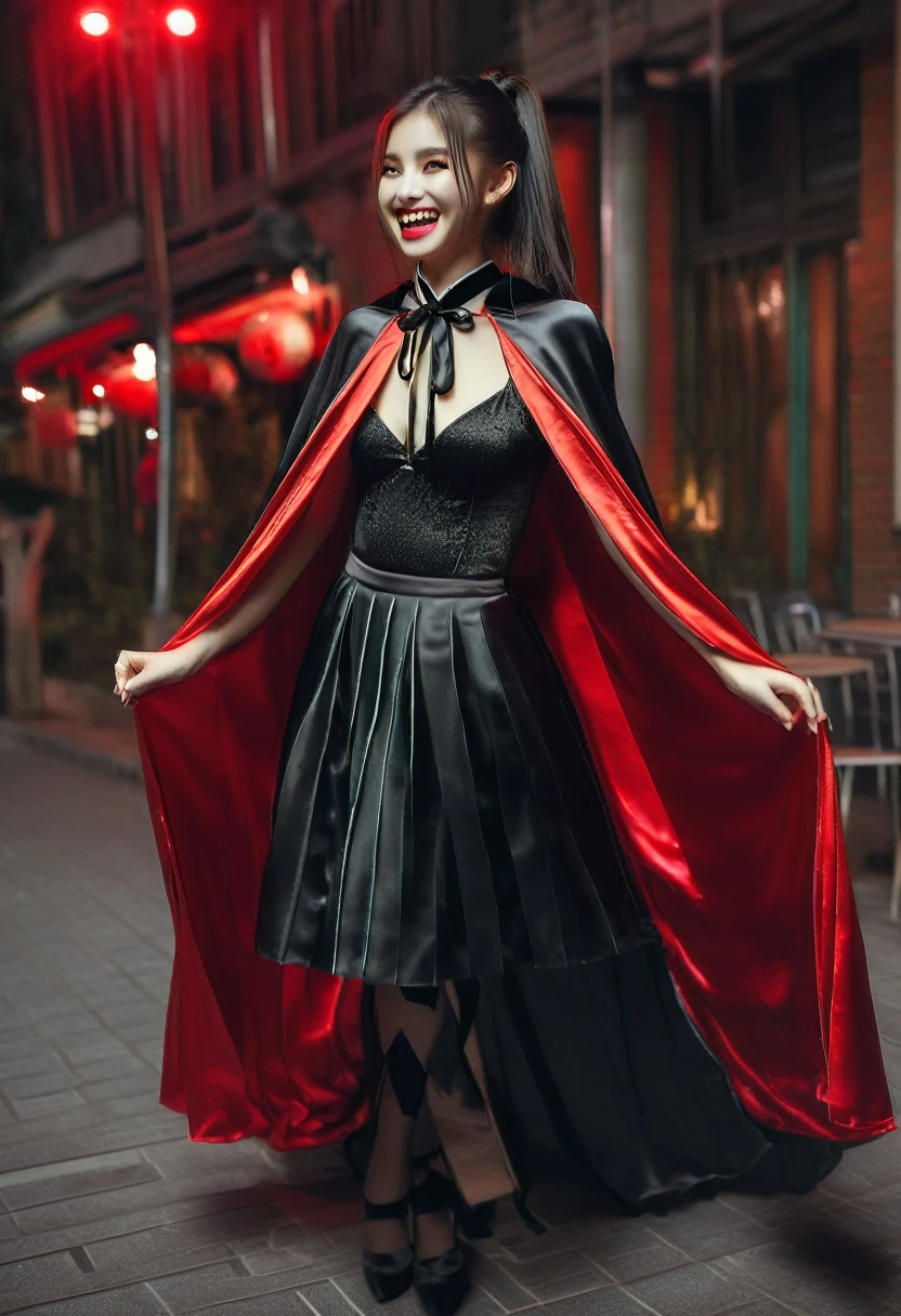 Vampyfangs1,(RAW photo) , 1girl, Chinese , cute, 20 years old, long hair in ponytail, smiling, look at viewer, ((((silver and red lined satin cape tied at the neck)))+++, side spilt skirt , photo, realistic, best quality, hires, detailed face, detailed background, diffused lighting, depth of field, bokeh