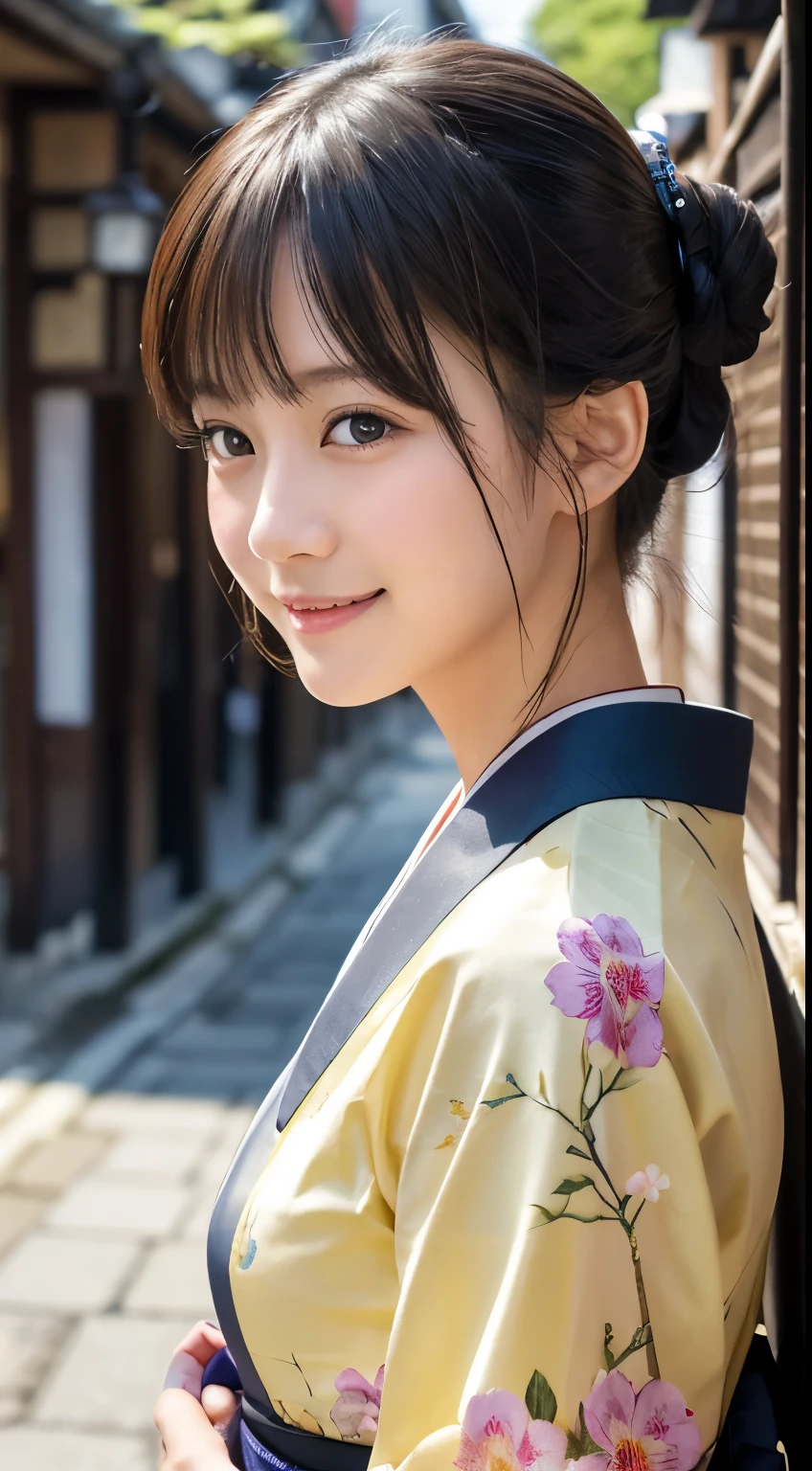 Professional Lighting,(Photorealistic:1.4), (Top image quality:1.0), (超A high resolution:1.0), 8k, Raw photography, (masterpiece:0.2), (Facing the children_v1:0.5)、(最高quality Detail:1.2)、Realistic、8K Ultra HD、High resolution、(1 girl:1.2)、超detailedな、High quality textures、複雑なdetailed、detailed、Very detailed CG、High quality shadows、detailed 美しく繊細な顔、Beautiful details and a delicate eye、(Symmetrical eyes:1.2),Written boundary depth、Ray Tracing,1 girl, Japanese Girls, (Natural smile:1.4),cute, thin, Portrait of a beautiful Japanese woman in a kimono, Standing elegantly on a street corner in Kyoto. Kimono with vibrant traditional patterns, Hair decorated with elegant and delicate hairpins, Gentle expression. (With the old streets of Kyoto in the background:1.4)、The soft light of a spring afternoon、Adding tranquility to the scene. Rendered in a Realistic style with great attention to detail, High resolutionの画像.Sky Porn, Magic Hour, (Realistic:1.3), finely, quality, (Tabletop:1.2), (Realistic:1.2), (最高quality), (複雑なdetailed), dramatic, Ray Tracing, photograph, +roller