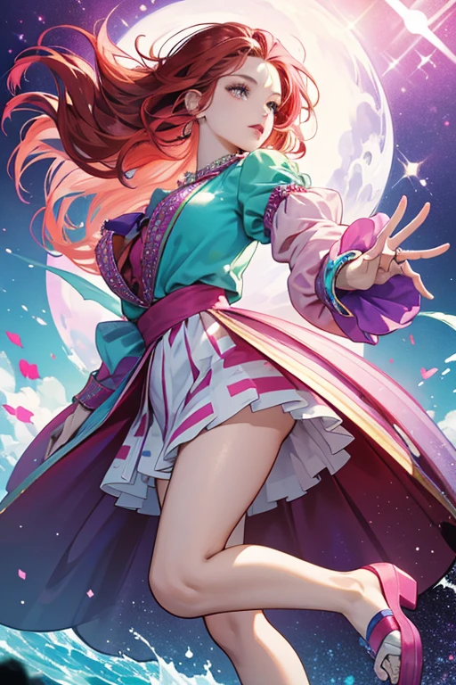 Mackenzie has red hair with bright green and pink highlights, dark brown eyes and light brown skin, She wears a pink lipstick, she also wears a green bangle, a blue blouse with purple and white zipzap waves and purple sleeves, a magenta skirt with the white laces, a dark blue shorts and the turquoise sandals. SPARKLE; GLITTER