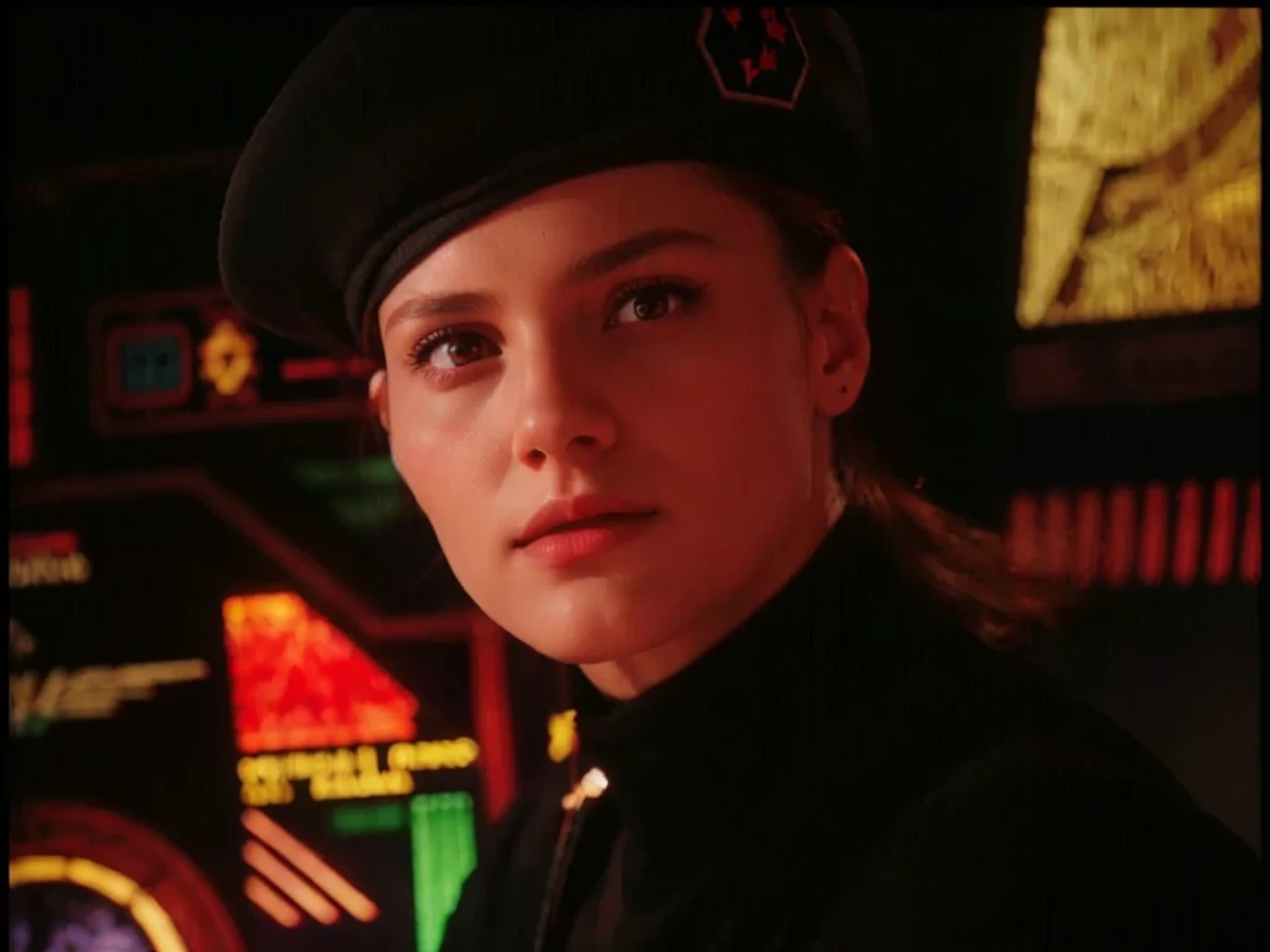 the most beautiful woman, beautiful Ukrainian face, thick lips brown hair taken, very serious face, black shirt, black military beret, he is in a dark bunker in red tones, advanced red computer screens, servers, red LED lights, many tubes and cables on the walls, stained glass, image in reddish tones, 4k, ultra detailed image, realistic, very detailed, perfect composition, splendid, intricately detailed, incredibly detailed, art photography 8k, hyper detailed, Masterpiece, ultra detailed, hyper realistic, 4k, ultra detailed image, realistic, highly detailed, perfect composition, splendid, intricately detailed, incredibly detailed, Artistic photography in 8k, hyper detailed