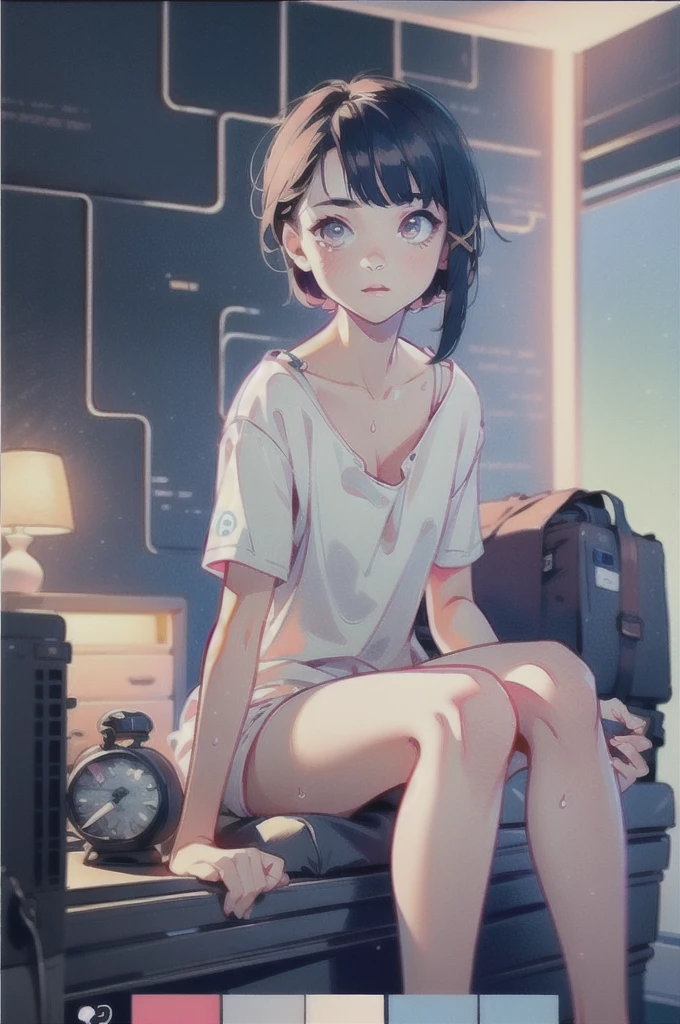 Lain, 1girl,xl tshirt,(panties and bra), flat chest, teen proportions, sweaty, best body, stuffy room, sitting at computer, indoors, in room, messy room with garbage, lots of monitor screens, Tokyo, Neon lights, futeristic,(ultra detailed),(extremely detailed),(photorealistic artwork:1.37),(extremely detailed CG unity 8k wallpaper),(((vibrant colors,vibrant theme))),(intricate),(masterpiece),(best quality), sfw, safe for work,