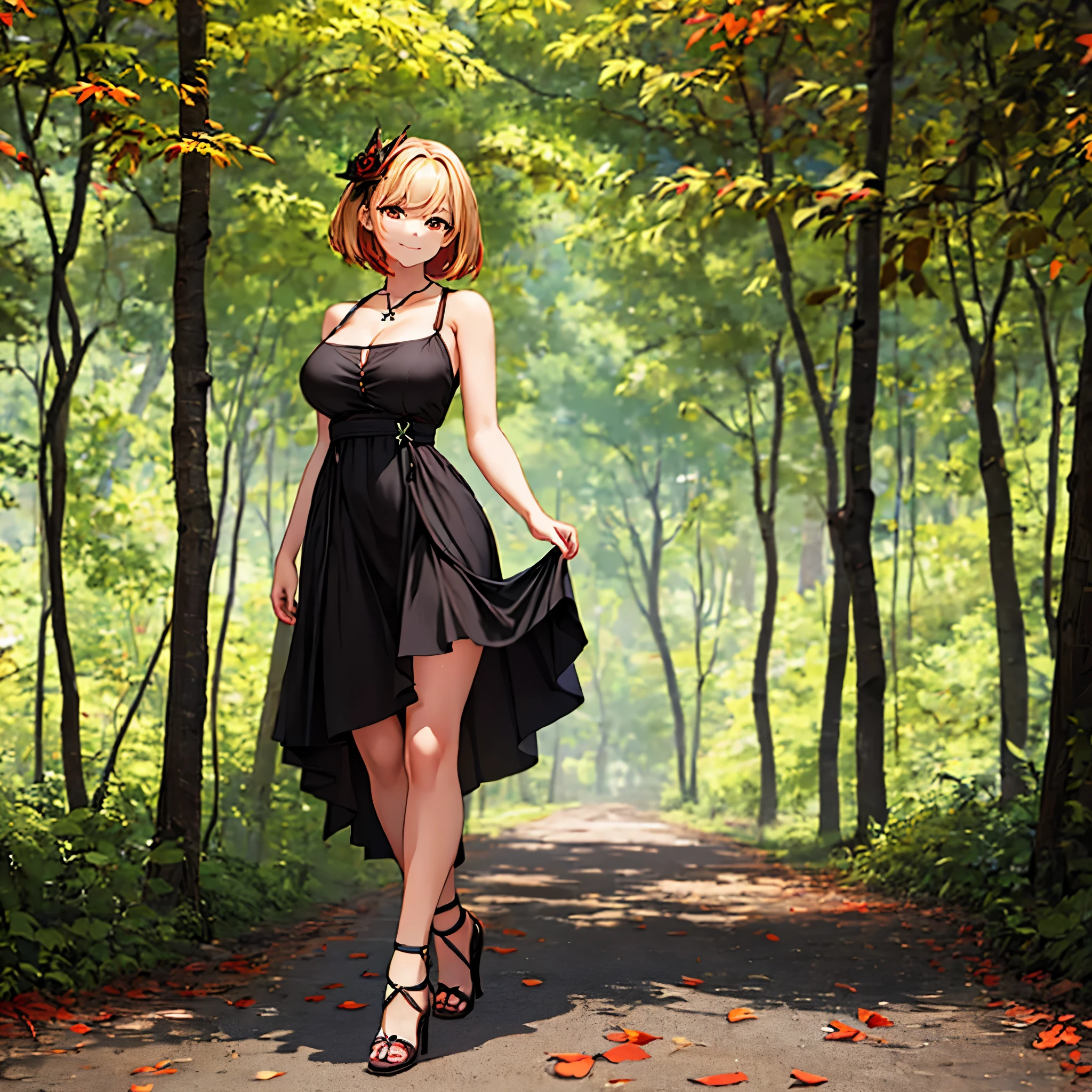 A woman wearing a long low-cut black dress, with a personalized iron cross necklace, black heels, brown eyes, short blonde hair, red bangs, smiling, big breasts, a black rose in her hair, walking on a sidewalk in a forest, trees with red leaves, many leaves falling to the ground, full body, bokeh effect. (solo woman), ultra resolution, very detailed, bloom, masterpiece, very detailed texture.
