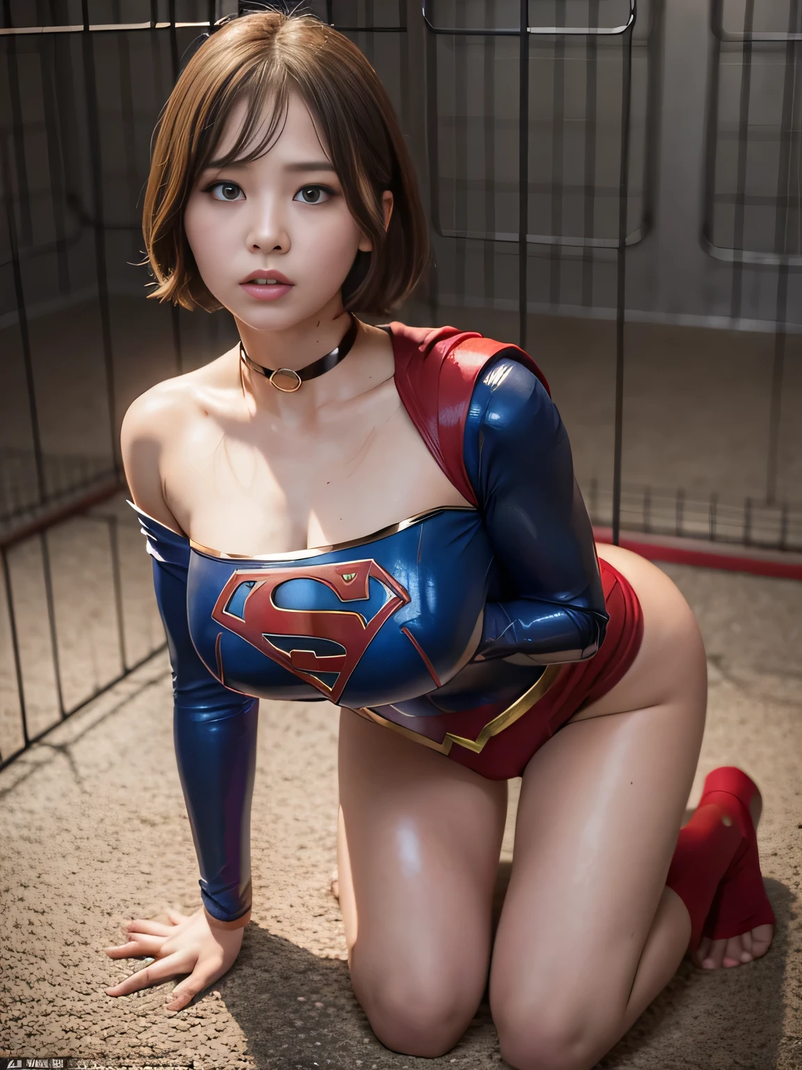 masterpiece、Supergirl Costume、short hair、barefoot、Big and ample breasts、Crisis situation、Complete surrender、prison、In a cage、Feeling of abuse、Kneel、Sweaty、Shiny、looking at the camera、Seduce、choker、Long sleeve、red sexy pose、POW camps、Humiliating、Off the shoulder、latex、
