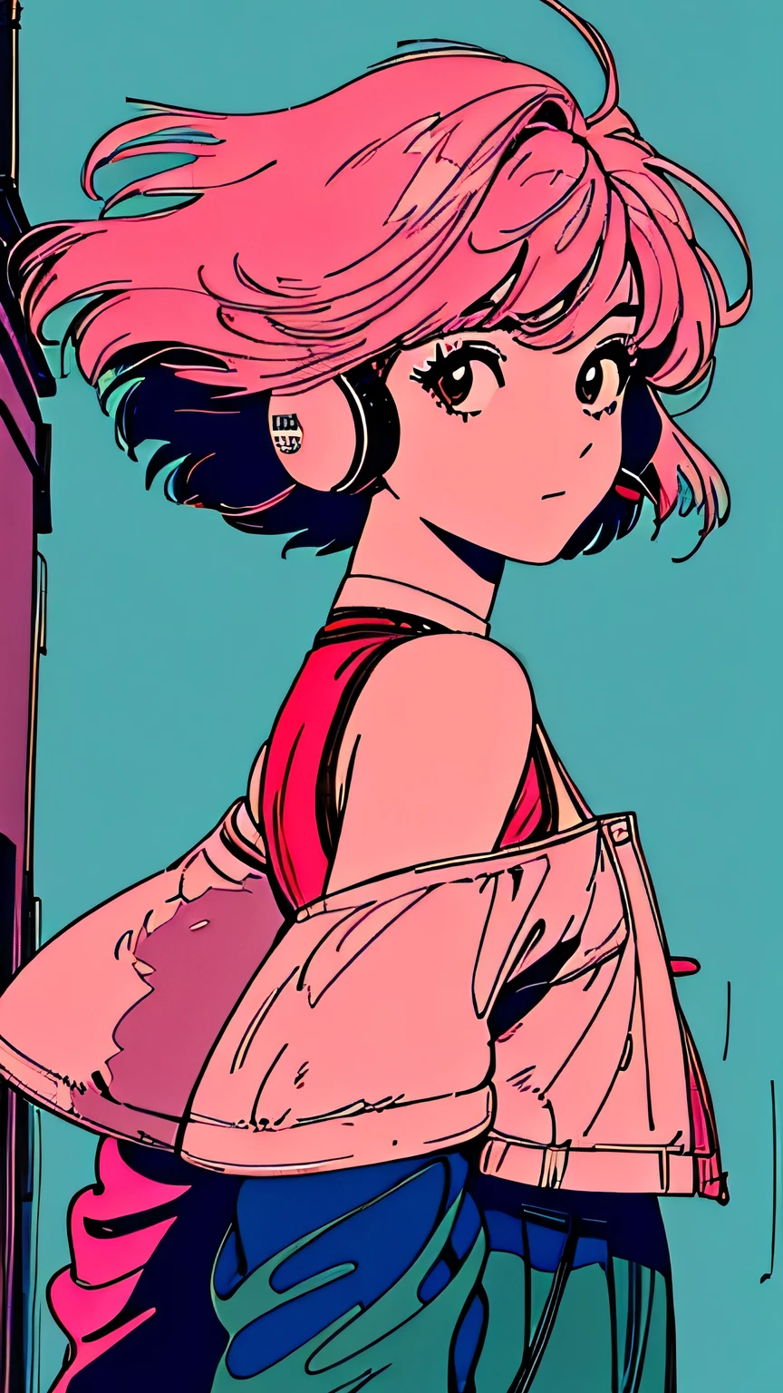 master piece, street fasion, Pink Hair, fluffy bob cut, shoulder length, alone, Futuristic, yet, lofi, retro, Alley, High resolution,  The wind is blowing, ((back shot)),   high resolution, chillout, wearing headphones, simple background