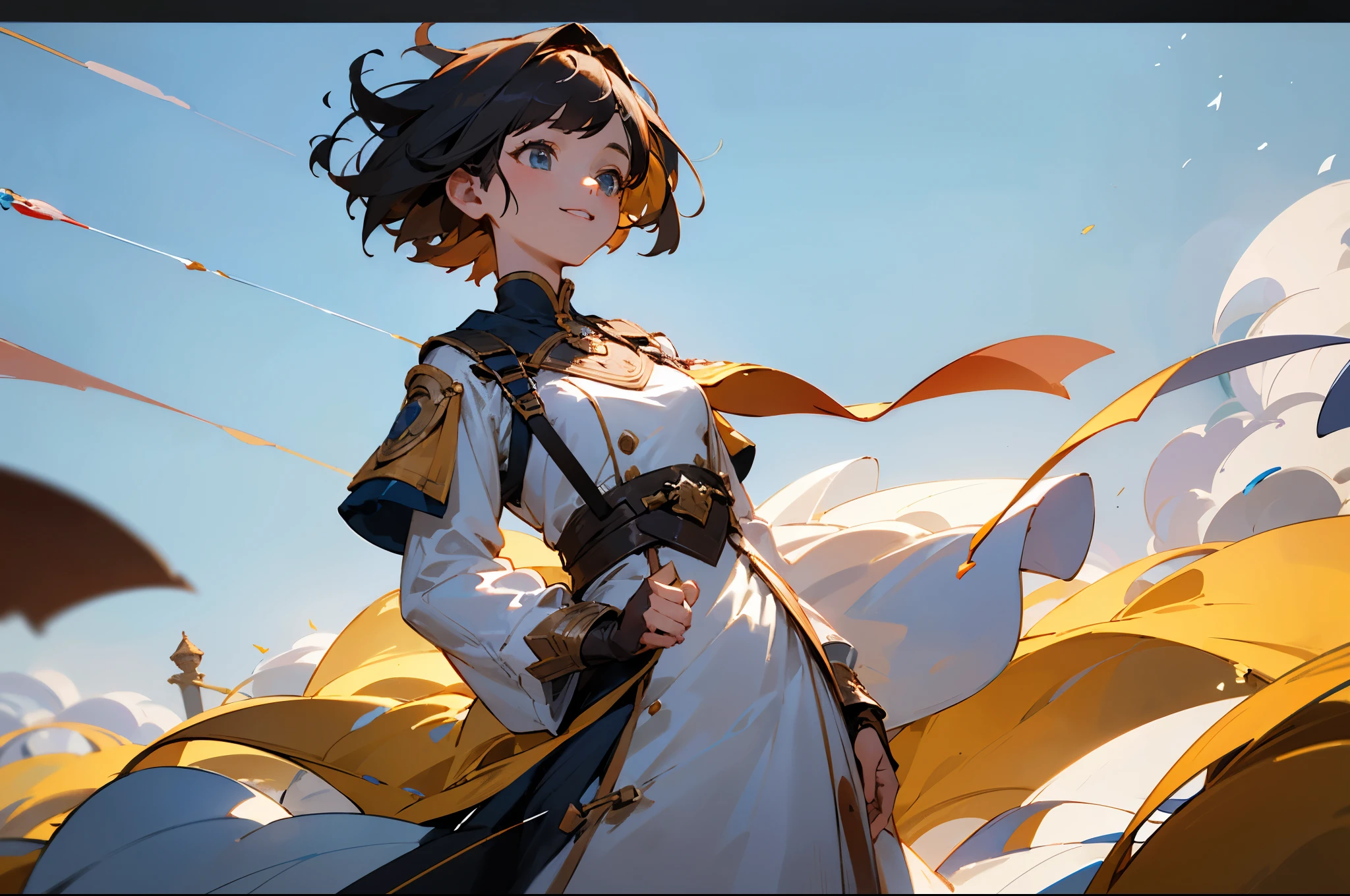 컨셉 background, bright smile, (short hair), (Girls), ((background)), ((best quality)), ((masterpiece)), The journey was full of difficulties and dangers, Emily uses her courage and determination to lead the adventure.. She moves between her past and future, You will gain new knowledge and insights. All of this leads her on a great journey to change the future.. It&#39;s time to leave with the time capsule to embark on a new adventure.. The streets of the ruined city are filled with the sound of her footsteps leaving., Emily moves forward for a new beginning.