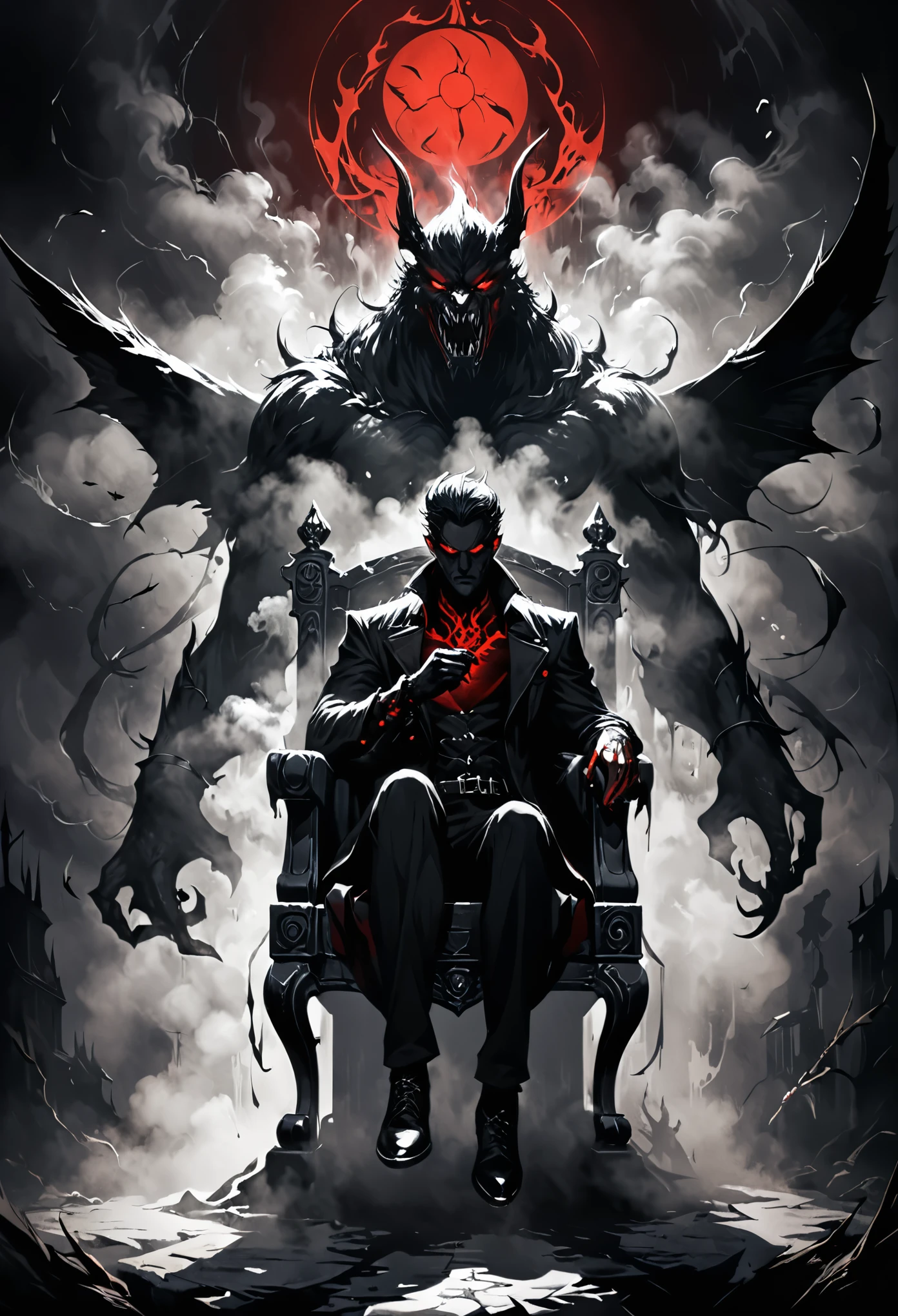 in style of Harry Clark,Chernobog,between_fingers,(crossed_legs:1.3),(the dim sun:1.4),hand_gesture,full_shot,breathing fog,wind,sit on the throne,1 bird pet,(dark, shadow, intense shadow, black:1.3),red glowing eyes,