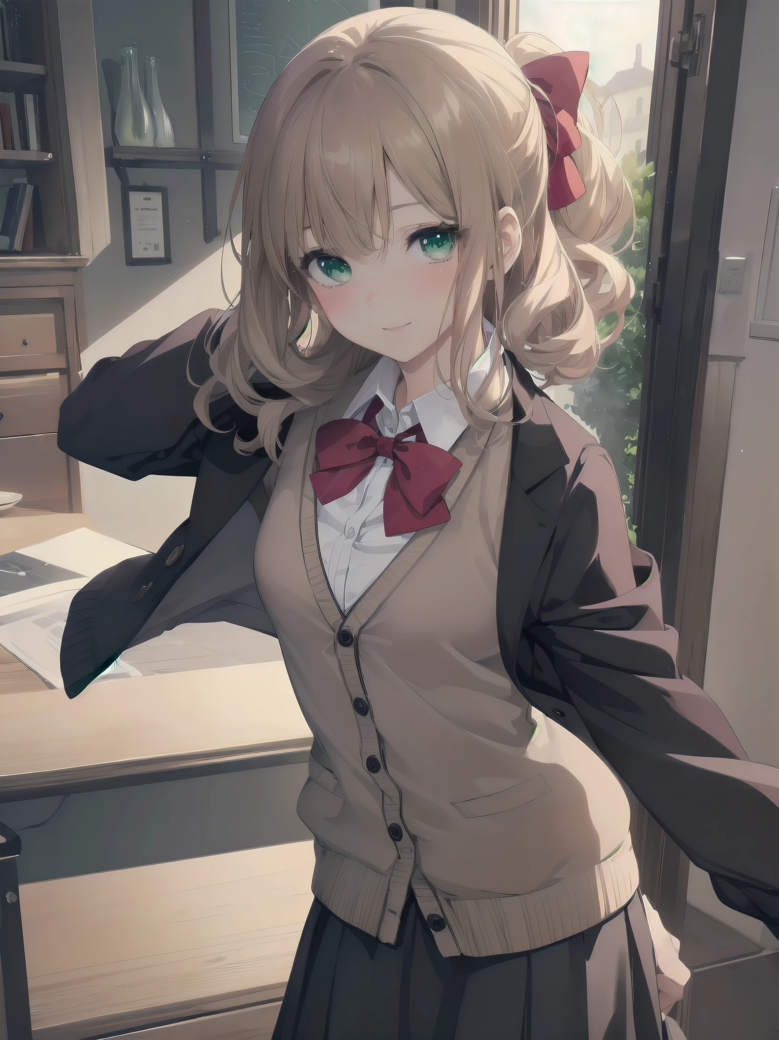 ((Tabletop, highest quality, High resolution, Perfect Pixel, Depth of written boundary, 4K))), One Girl, single, alone, Beautiful Anime Girls, Beautiful art style, Anime characters, ((Long Hair, bangs, Dark brown hair, Curly Hair:0.8)), ((Green Eyes:1.4, Fine grain, Beautiful Eyes, Perfect Eyes,Curled eyelashes, Realistic eyes)), ((Detailed face, Blushing:1.2)), ((Smooth texture:0.75, Realistic texture:0.5, Anime CG Style)), Medium chest, Dynamic Angle, Big Breasts, Perfect body, Dynamic pose, ((Red bow tie, , Black jacket, Open jacket, Brown cardigan, White shirt, Black Skirt, Checked skirt)), smile, Open your mouth, Put your arms behind your back, Leaning forward, Amalment Park
