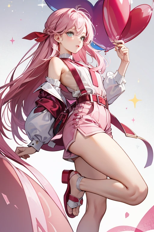 Melody has pink shoulder length hair, teal eyes and fair skin, she wears red suspender dress with her camera and a white leather with a silver belt with a pink nevigate coloured bear and in the maroon underneath, white shorts and the maroon and white sandals. SPARKLE; GLITTER