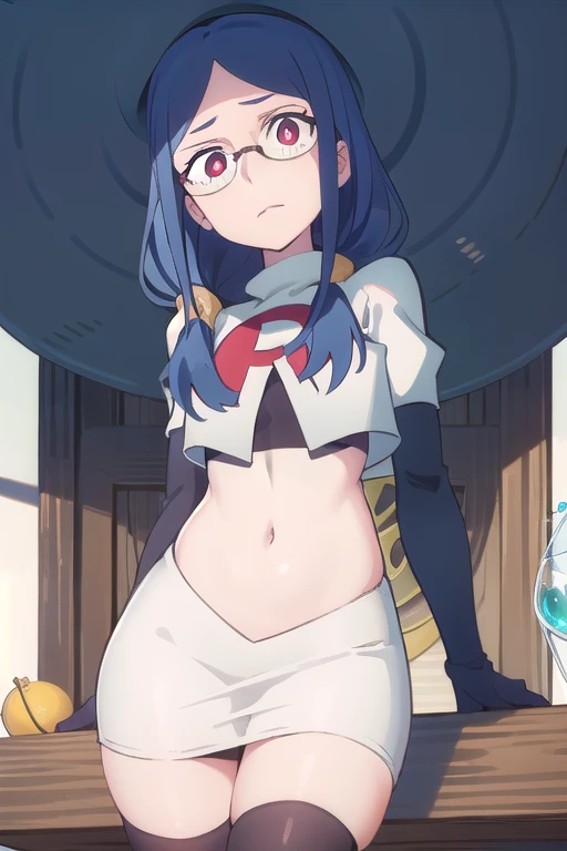 (((pixel-perfect, detail-perfect))), solo, 1girl, ursula callistis, witch, looking at viewer, glasses, team rocket,team rocket uniform,white skirt,red letter R,crop top,black thigh-highs,black elbow gloves, witch hat