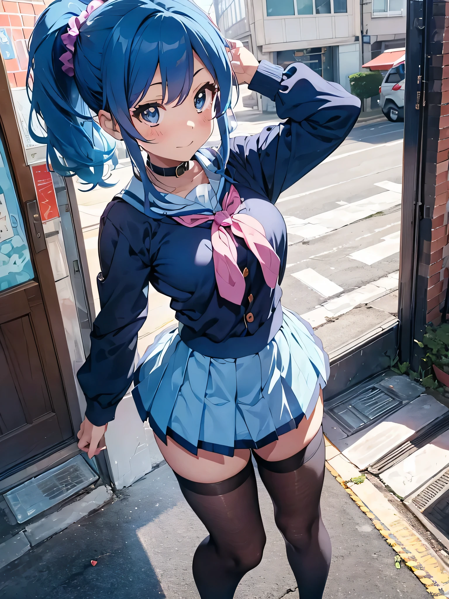 aikatsu,side_Ponytail,Blue HAIR,(nsfw:0.7),realism, (realistic:0.85), illustration, (old city:1.1), flasher, public indecency, ************ 💫👧💖 is (standing:1.3) and wearing [harajuku school uniform:(kawaii pattern on clothes:1):(accessories on clothes:1.5):0.3], (cute accessories on multilayered hair:1.3), long sleeves, seductive grin smug, small breast, skirt, fishnet pantyhose, (revealing clothes:1.2), (colorful micro bikini:1.1), (forward pelvic:1.3), spread legs, hands behind head, fisheye