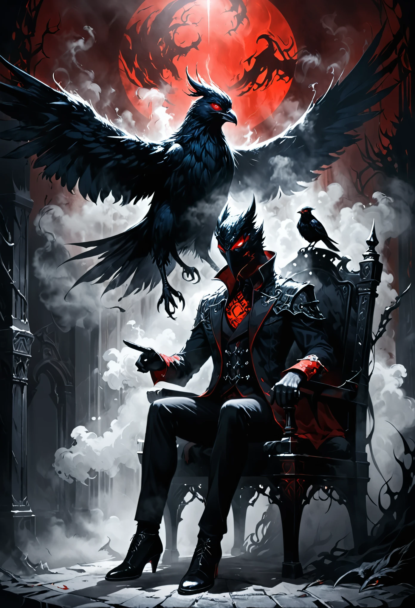 Details: glowing steelblue eyes,Textured Skin, Gorgeous Clothing,in style of Harry Clark,Chernobog,between_fingers,(crossed_legs:1.3),(the dim sun:1.4),hand_gesture,full_shot,breathing fog,wind,sit on the throne,1 bird pet,(dark, shadow, intense shadow, black:1.3),red glowing eyes,