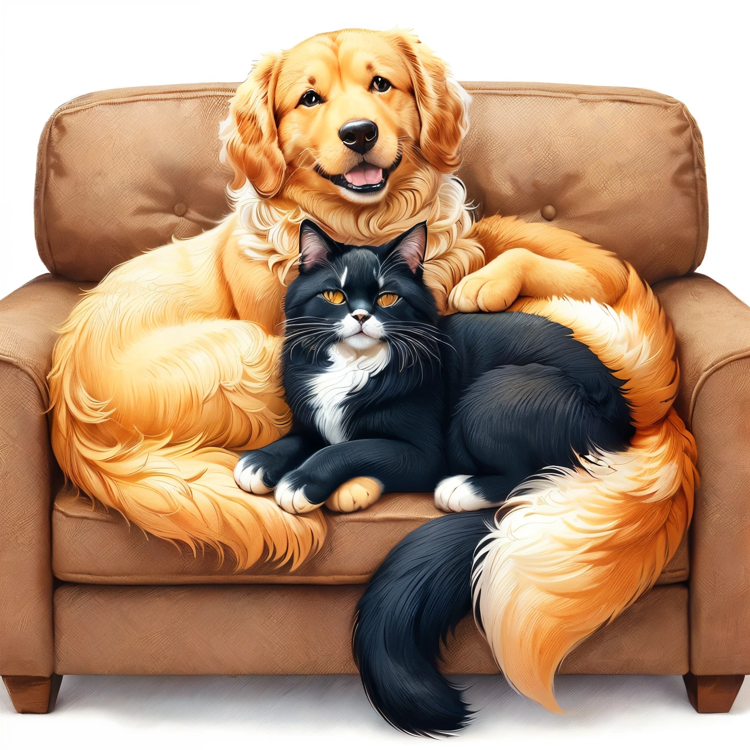 There is a dog and a cat sitting on a sofa, adorable and furry, Pet, os melhores amigos, arte peluda, gato em cima do cachorro, hugging, pele fofinha, plush mix for dog and cat, gato cachorro, sitting not sofa, not sofa sitting, arte peluda!!!, por Katerina Wilczynski, furrafinidade, illustration of 2 cats