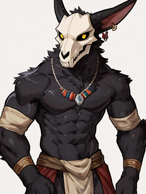 by Buta99, by SpiritD, best quality, masterpiece, perfect anatomy, plain white background, white background, black fur, skull mask, yellow eyes, goat, extremely detailed, full body, lean, slim, skinny, thin, adult, mature, masculine, muscles, muscular, fit body, visible abs, visible biceps, bara, daddy, beefy, bulky, full body portrait, solo, 1male, masterpiece, posing, pose, dynamic pose, serious, serious expression, lazy expression, tired expression, fully black body, black body, fur, fluffy chest, fluffy arms, fluffy torso, chest tuft, hairy chest, goat skull, sfw, safe for work, goat tail, goat ears, goat horns, brown horns, earrings, white mask, ears, long ears, curved ears, visible ears, yellow pupils, shirtless, topless, naked, nude, tunic, barbarian tunic, warrior tunic, loincloth, warrior loincloth, black chest, black belly, fully black body, armbands, armwraps, legbands, legwraps, tribal loincloth, tribal necklace, tribal