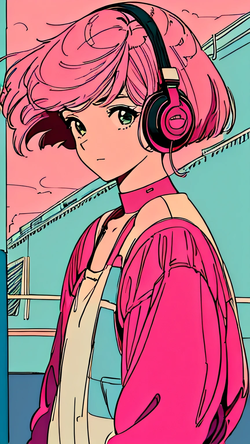 master piece, street fasion, Pink Hair, fluffy bob cut, shoulder length, alone, Futuristic, yet, lofi, retro, Alley, High resolution, The wind is blowing, ((back shot)), high resolution, chillout, wearing headphones, simple background