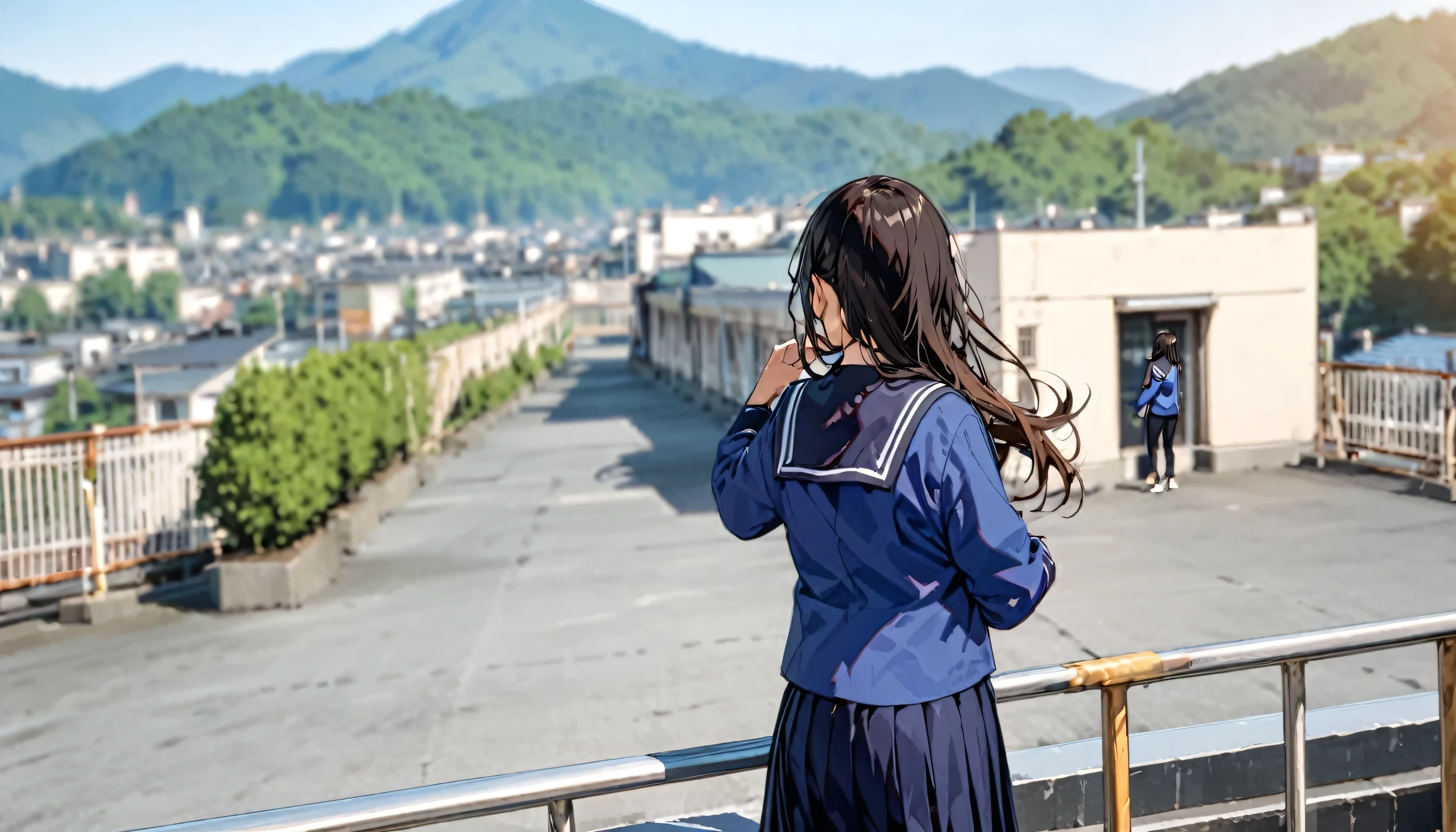 masterpiece, highest quality, so beautiful, Absurd,
what happened, One girl, Outdoor, , Long Hair, Blurred, Black Hair, skirt, Mountain, serafuku, Blurred background, Day, handrail, gakuran, blue skirt, Depth of written boundary, Long sleeve, From behind, Brown Hair, black pants, null, building, Sailor collar, pants, blue shirt, shirt
 