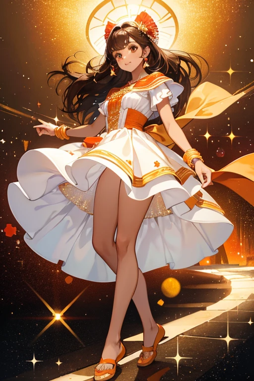 Monique is a mexican has brown eyes, brown skin and dark brown hair, she wears a white and red Mexican dress and the light orange slippers. SPARKLE; GLITTER