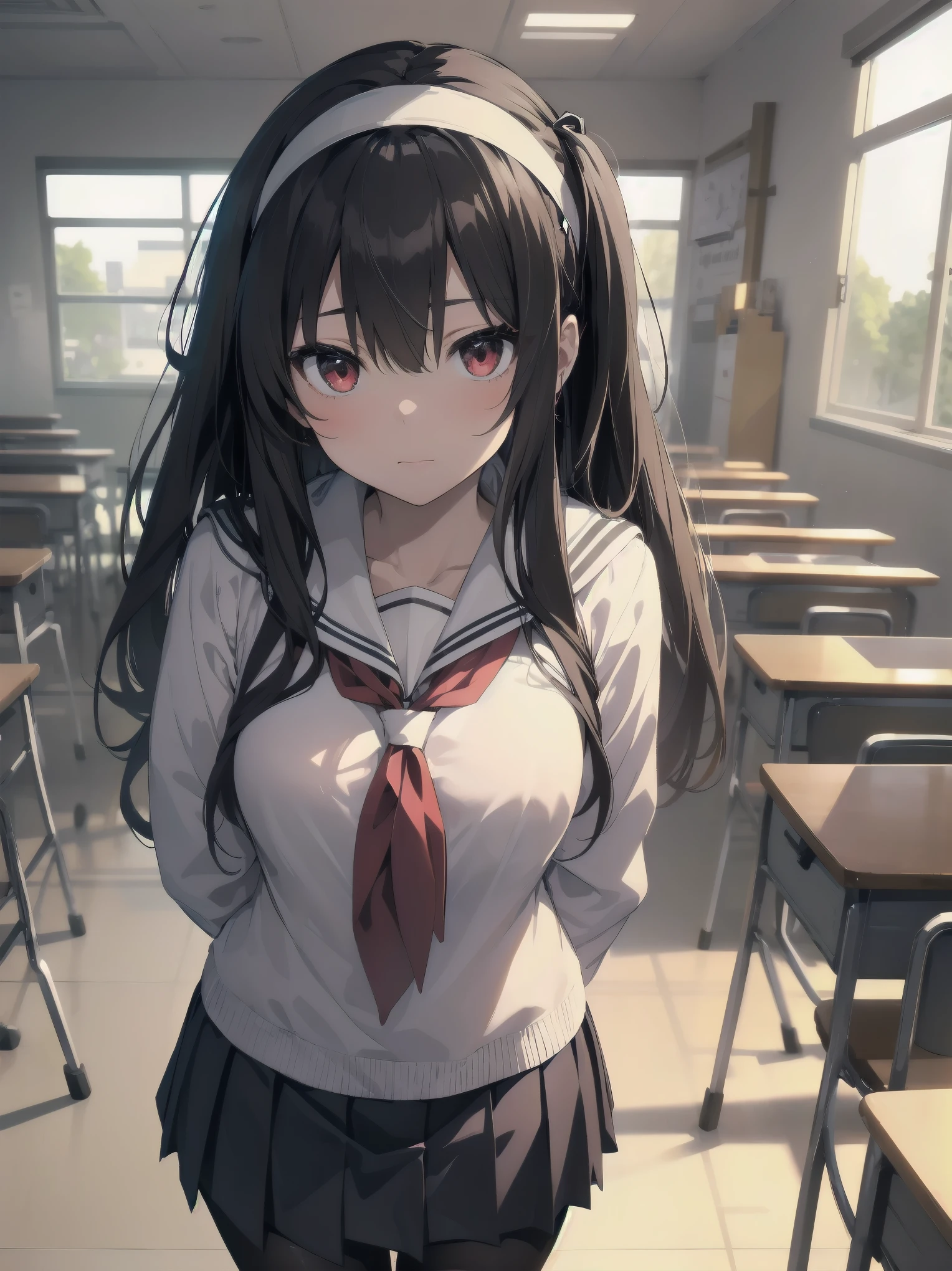 an anime girl standing in an empty room with a phone to her ear, 1girl, solo, , pantyhose, skirt, indoors, hairband, long hair, kasumigaoka utaha, looking at viewer, black hair, red eyes, breasts, blush, pleated skirt, black pantyhose, classroom, white hairband, long sleeves, bangs, neckerchief, closed mouth, desk, sailor collar, serafuku
