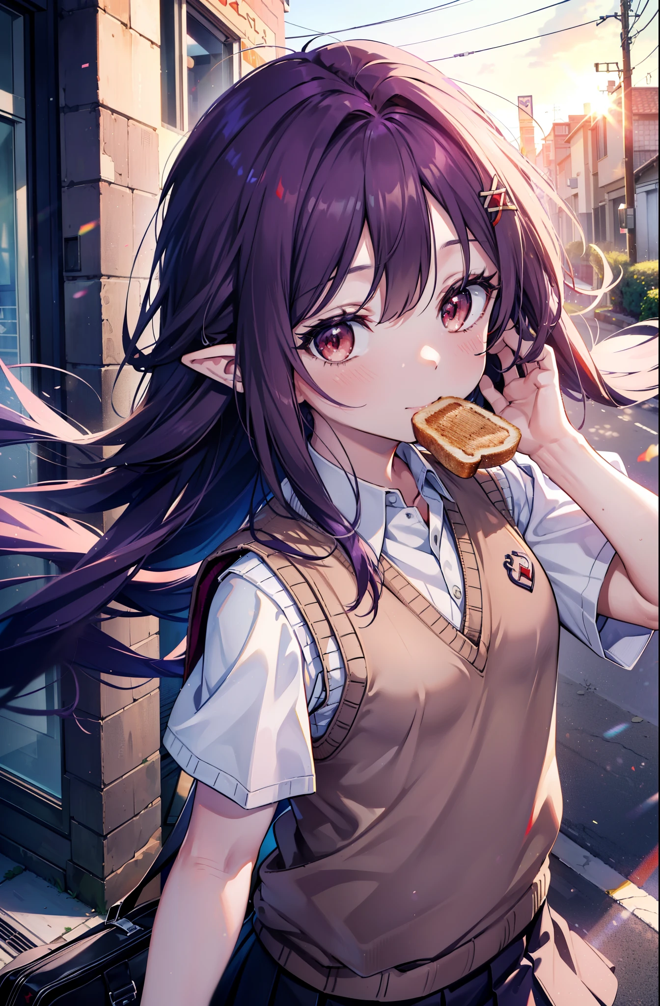 yuukikonno, Yuki Konno, hair band, Long Hair, Pointy Ears, Purple Hair, (Red eyes:1.5), (Small breasts:1.2), smile,White Y-shirt,Sweater vest, (紫色 Sweater vest:1.5),,Short sleeve,Purple pleated skirt,black tights,Brown Loafers,Toast in the mouth, running, City Street,morning,morning日,sunrise,A girl running,
break looking at viewer, Upper Body, whole body,
break outdoors, Residential area crowd, people々々,
break (masterpiece:1.2), highest quality, High resolution, unity 8k wallpaper, (shape:0.8), (Fine and beautiful eyes:1.6), Highly detailed face, Perfect lighting, Highly detailed CG, (Perfect hands, Perfect Anatomy),