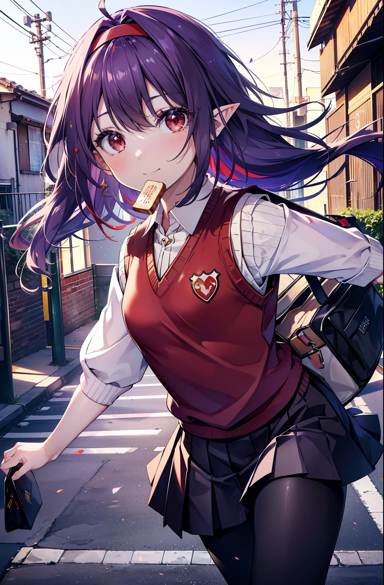 yuukikonno, Yuki Konno, hair band, Long Hair, Pointy Ears, Purple Hair, (Red eyes:1.5), (Small breasts:1.2), smile,White Y-shirt,Sweater vest, (紫色 Sweater vest:1.5),,Short sleeve,Purple pleated skirt,black tights,Brown Loafers,Toast in the mouth, running, City Street,morning,morning日,sunrise,A girl running,
break looking at viewer, Upper Body, whole body,
break outdoors, Residential area crowd, people々々,
break (masterpiece:1.2), highest quality, High resolution, unity 8k wallpaper, (shape:0.8), (Fine and beautiful eyes:1.6), Highly detailed face, Perfect lighting, Highly detailed CG, (Perfect hands, Perfect Anatomy),