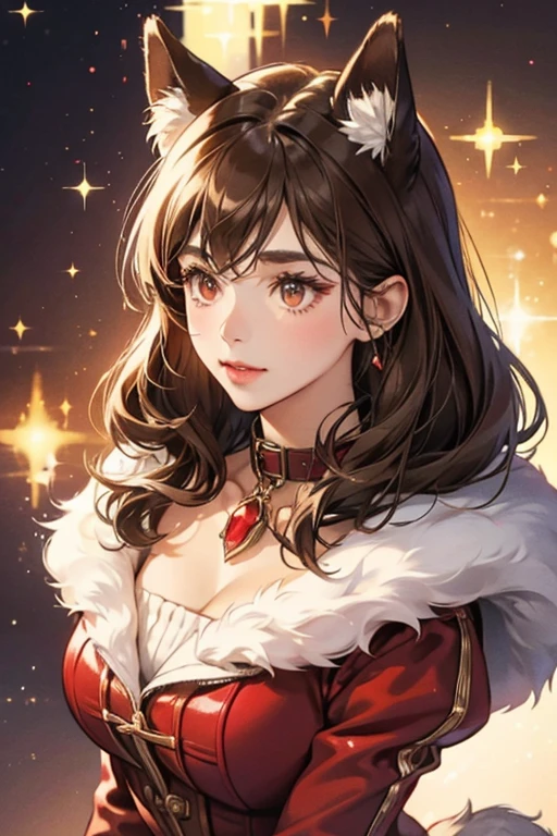 Posie has fluffy brown fur and wears a red collar.  SPARKLE; GLITTER