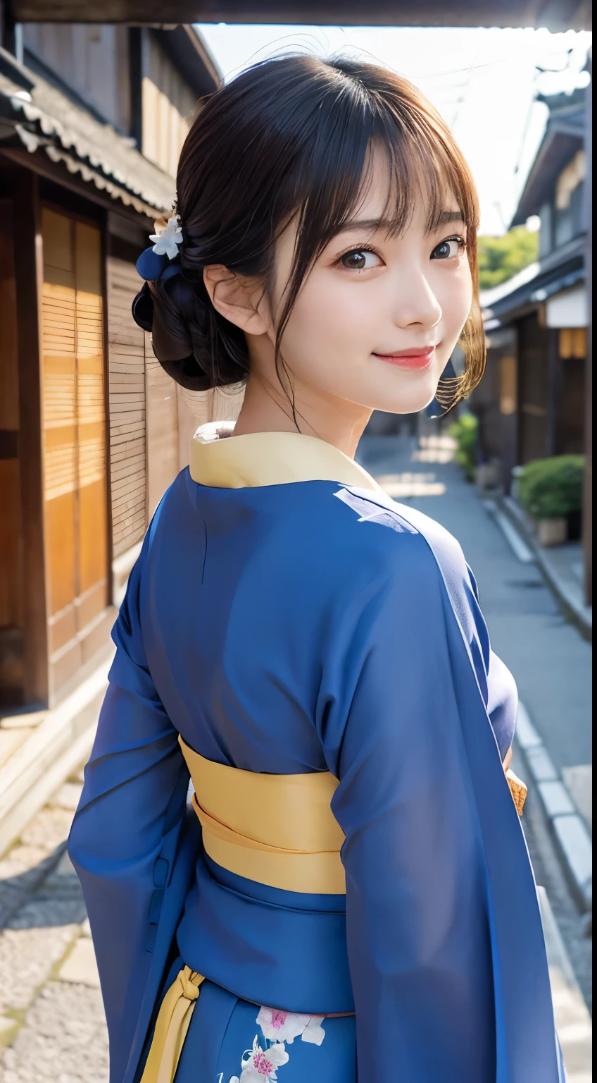 Professional Lighting,(Photorealistic:1.4), (Top image quality:1.0), (超A high resolution:1.0), 8k, Raw photography, (masterpiece:0.2), (Facing the children_v1:0.5)、(最高quality Detail:1.2)、Realistic、8K Ultra HD、High resolution、(1 girl:1.2)、超detailedな、High quality textures、複雑なdetailed、detailed、Very detailed CG、High quality shadows、detailed 美しく繊細な顔、Beautiful details and a delicate eye、(Symmetrical eyes:1.2),Written boundary depth、Ray Tracing,1 girl, Japanese Girls, (Natural smile:1.4),cute, thin, Portrait of a beautiful Japanese woman in a kimono, Standing elegantly on a street corner in Kyoto. Kimono with vibrant traditional patterns, Hair decorated with elegant and delicate hairpins, Gentle expression. (With the old streets of Kyoto in the background:1.4)、The soft light of a spring afternoon、Adding tranquility to the scene. Rendered in a Realistic style with great attention to detail, High resolutionの画像.Sky Porn, Magic Hour, (Realistic:1.3), finely, quality, (Tabletop:1.2), (Realistic:1.2), (最高quality), (複雑なdetailed), dramatic, Ray Tracing, photograph, +roller