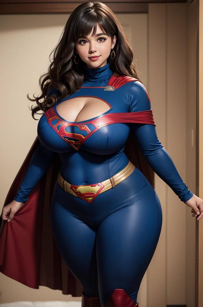 Supergirl, 29 years old, full body shot, Beautiful woman shoulder length curly brunette hair, two side up with bangs, ringlets, shoulder length curly brunette hair with bangs, two side up, ringlets, shoulder length curly brunette hair with bangs, two side up, ringlets, figure : (very full figure, very chubby, curvy, muffin top, love handles, extra thick, extra thicc, navel, very soft, fat hips, very thick, big breasts, sexy, sexy pose, fat thighs). clothes: ( flowing red cape, turtleneck blue top, long sleeve, skintight long blue pants, with red trim of supergirl). Red lipstick, smiling slightly, hands free, standing facing viewer, (huge breasts:1.3)