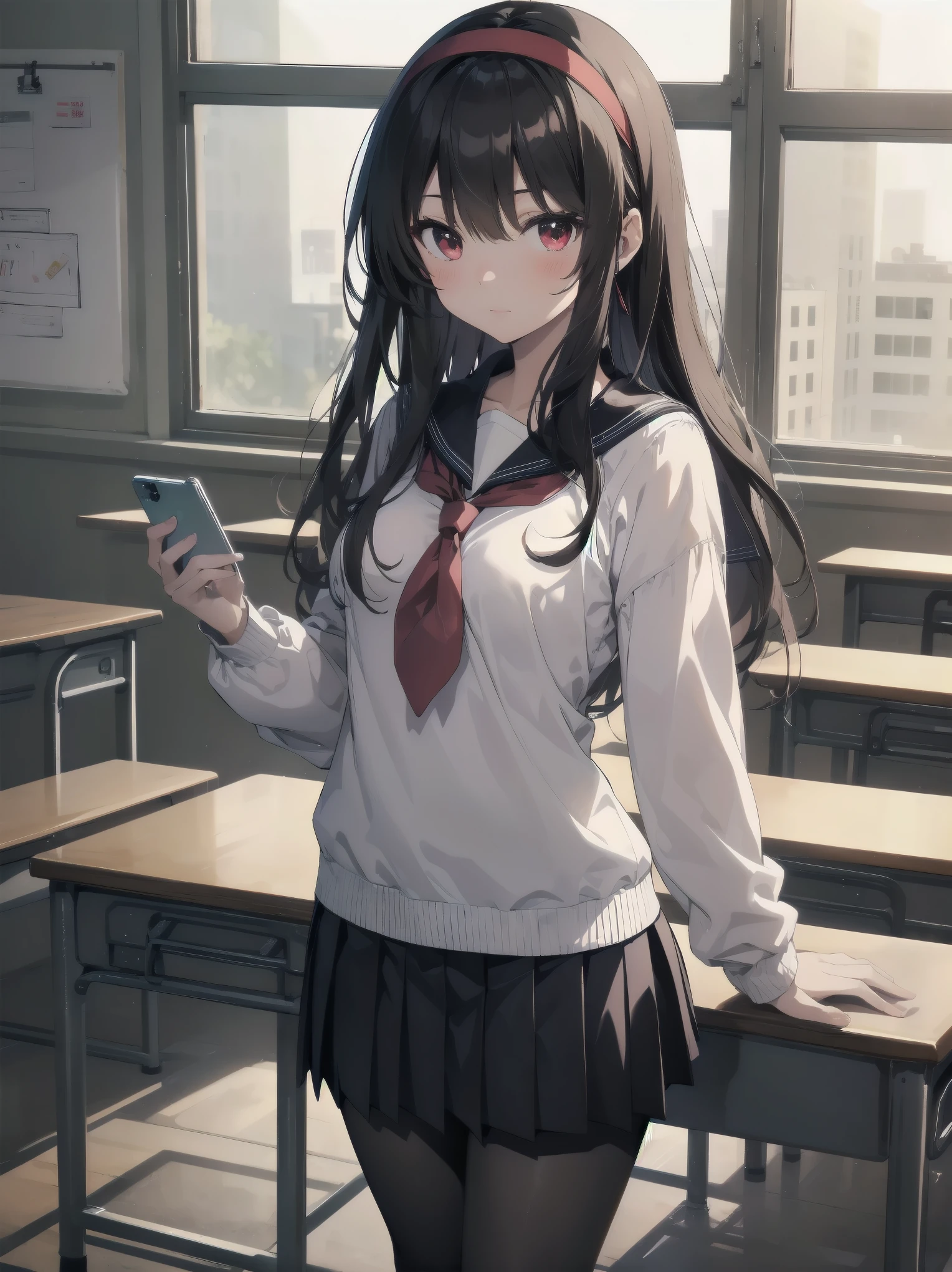 an anime girl standing in an empty room with a phone to her ear, 1girl, solo, , pantyhose, skirt, indoors, hairband, long hair, kasumigaoka utaha, looking at viewer, black hair, red eyes, breasts, blush, pleated skirt, black pantyhose, classroom, white hairband, long sleeves, bangs, neckerchief, closed mouth, desk, sailor collar, serafuku
