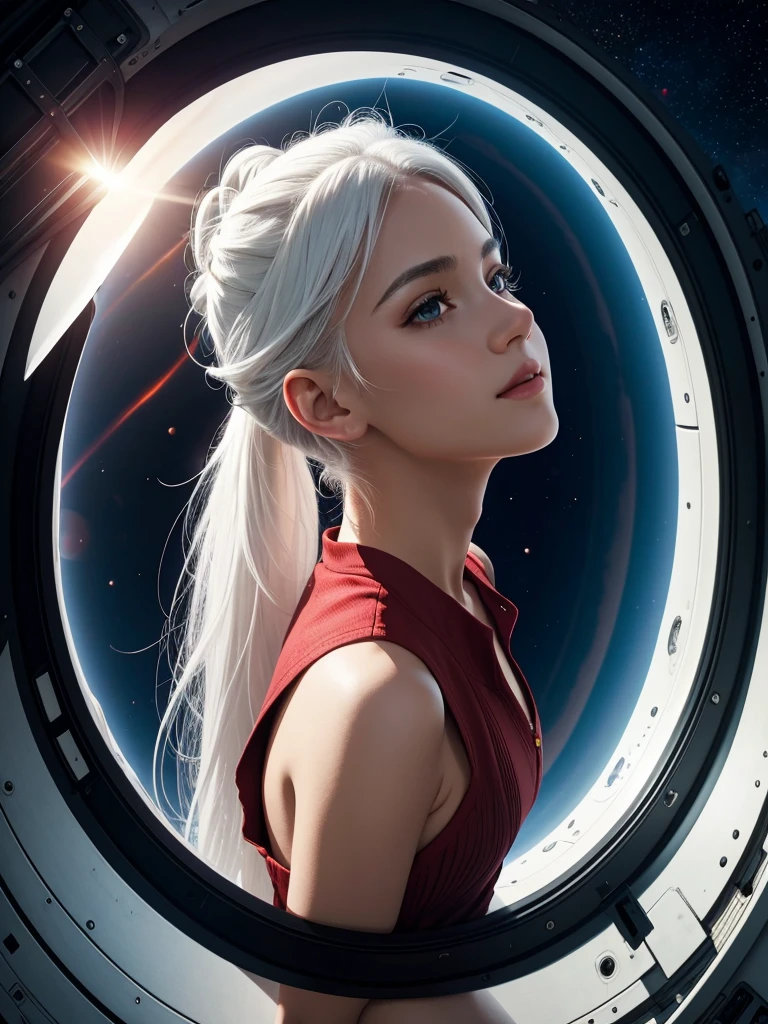 masterpiece, high quality, HCNONE, 1 girl, white hair, Ponytail, Red sundress, Cosmic background outside the porthole of a spaceship, Warm gaze, Solar eclipse background