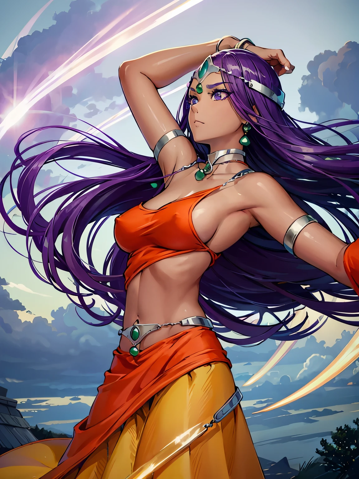 Armpit Show,High resolution、masterpiece、One Girl、DQ Minnea, Purple Hair、Circlet, Earrings, choker, bracelet, Orange Dress、Being in a fierce storm、Gust of wind、Shoots curved blades of light from his hands、Light green magic circle、A big tornado、Countless curved blades of light、The curved blade cuts through the air