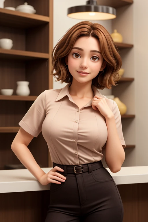 A 30-year-old woman, architect, with short brown hair, a round face, a charming smile, and slightly slanted brown eyes. She wears an elegant, low-cut shirt, which highlights her large breasts.
