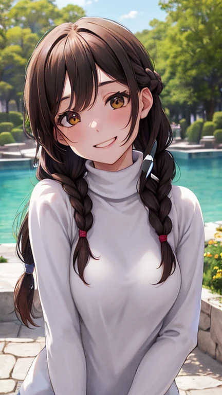 Obra maestra, mejor calidad, high resolution, chi1, 1 chica, pelo largo, trenza, one side up, solo, White Turtleneck Sweater, Falda a cuadros verde hasta la rodilla, golpes, al aire libre, sonrisa, pendientes, sosteniendo una bolsa