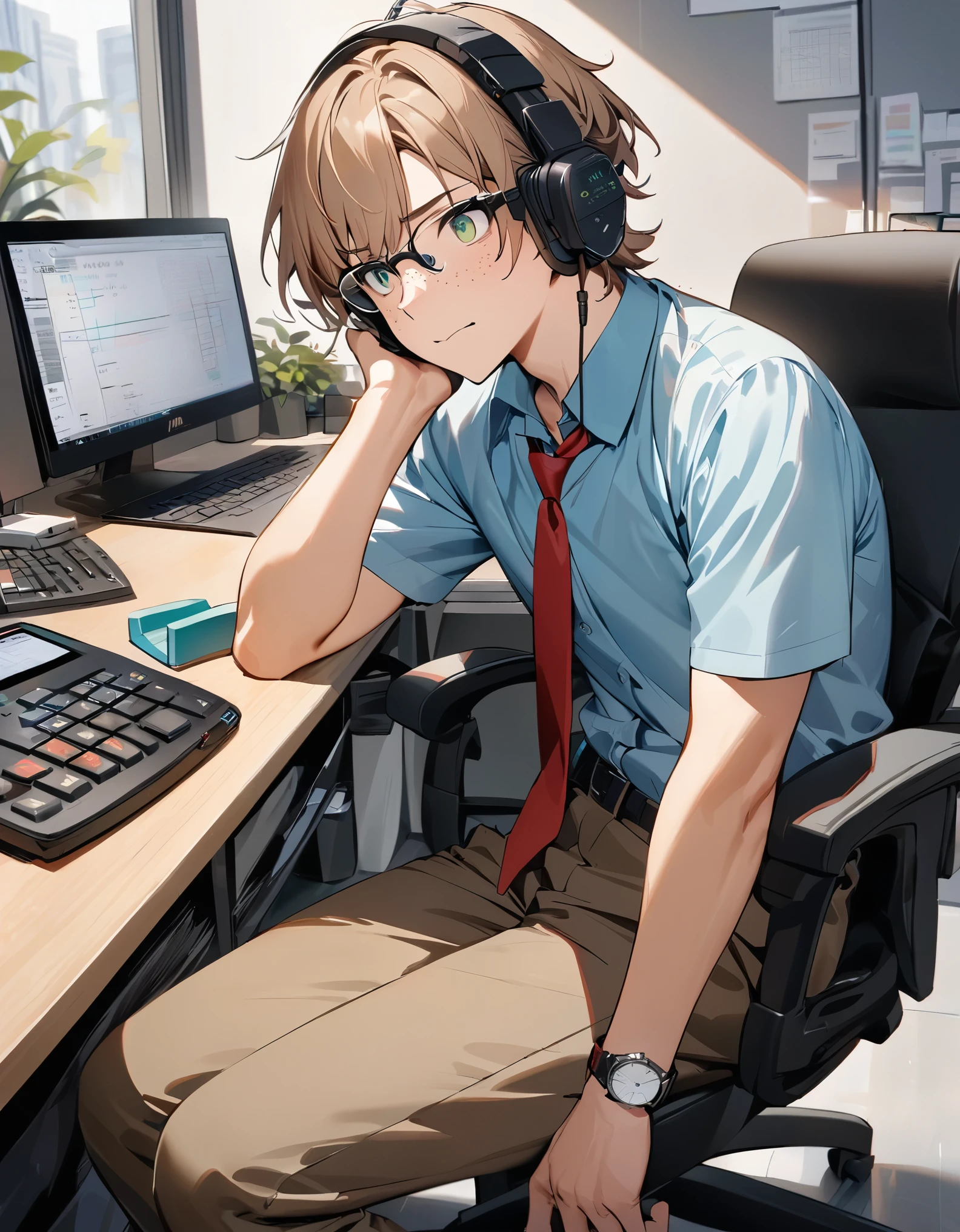masterpiece, best quality, male focus, solo, solo focus, 1boy, glasses, light brown hair, short hair, medium hair, green eyes, freckles, cute face, accountant, red bow necktie, light blue shirt, short sleeves, brown pants, wristwatch, white sneakers, office backdrop, desktop computer, tactical display on computer screen, sitting in office chair, calculator, shy, tactical headset.