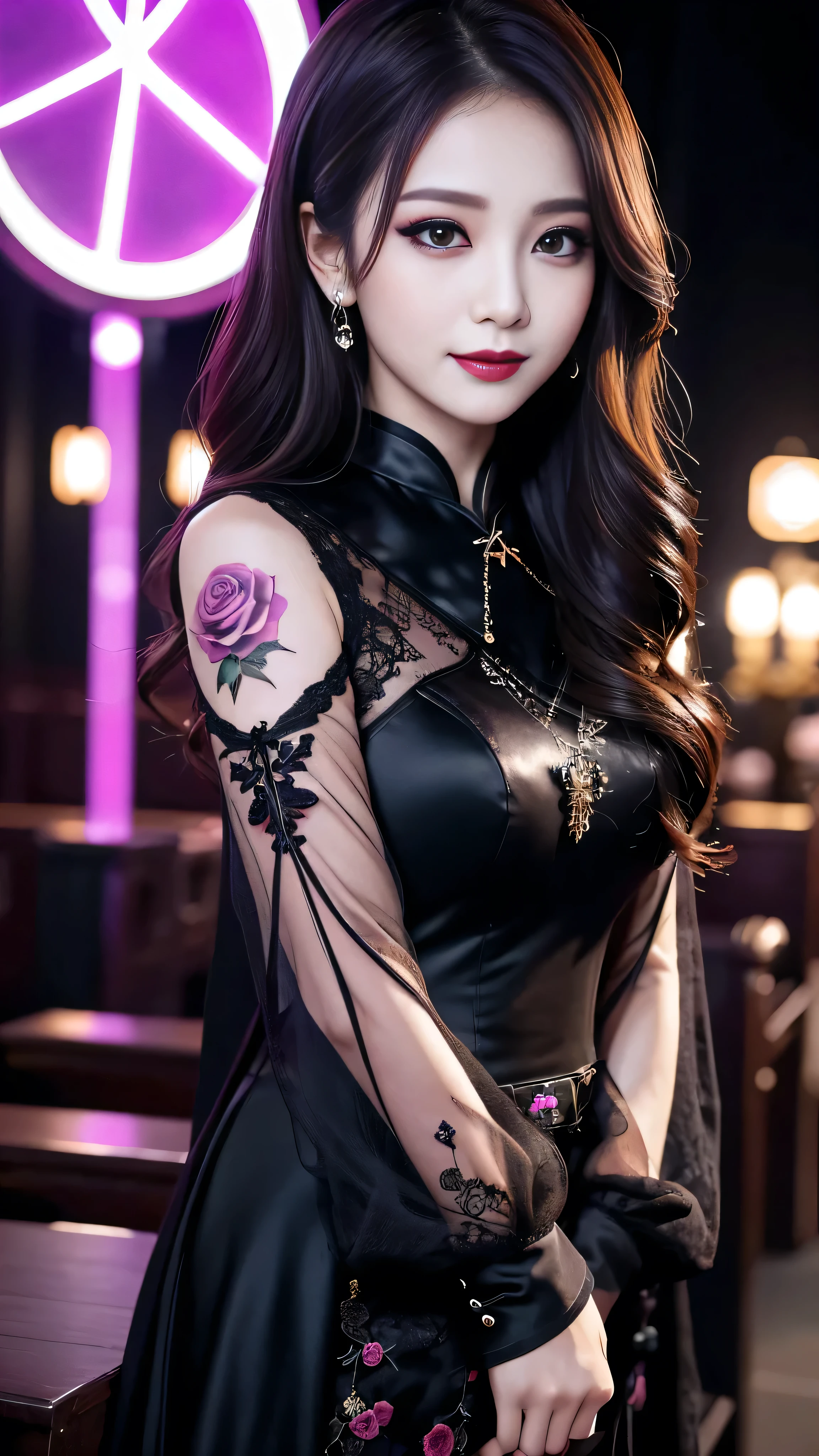 2girls、best quality、ultra-detailed、4k、Japanese、Seductive beauty、seductive adult woman、Pretty Woman、cool girl、Villainess、Brainwashed、brainwash、Fallen into evil、smirk、Evil look、Wicked Smile、evil、Brown hair、wavy hair、swept bangs、dark makeup、dark makeup、piercing eyes、hollow eyes,half-closed eyes、Hollow Eyes、Purple Eyeshadow、black lipstick、black lipgloole around the mouth、Long Black Cheongsam、Wide sleeves、night、inside church、makeup brush、Are standing、Rose tattoo、