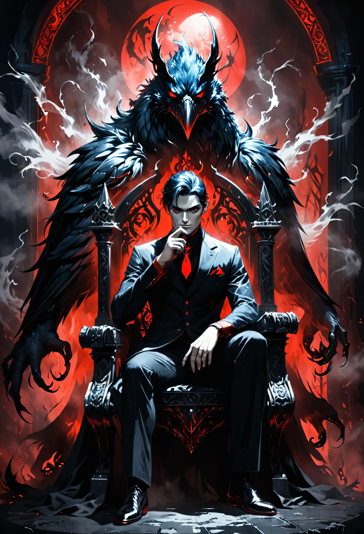 Details: glowing steelblue eyes,Textured Skin, Gorgeous Clothing,in style of Harry Clark,Chernobog,between_fingers,(crossed_legs:1.3),(the dim sun:1.4),hand_gesture,full_shot,breathing fog,wind,sit on the throne,1 bird pet,(dark, shadow, intense shadow, black:1.3),red glowing eyes,