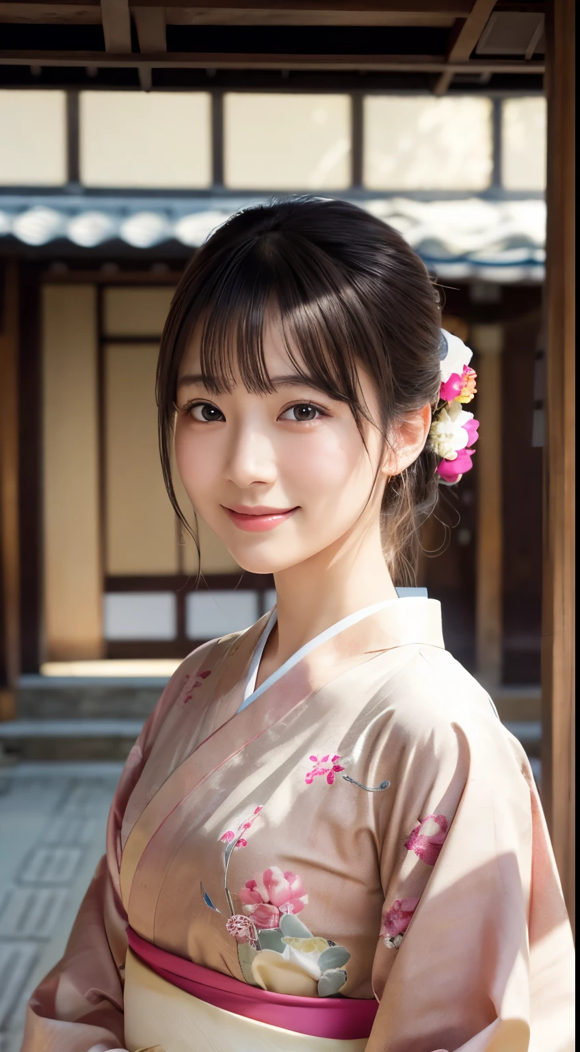 Professional Lighting,(Photorealistic:1.4), (Top image quality:1.0), (超A high resolution:1.0), 8k, Raw photography, (masterpiece:0.2), (Facing the children_v1:0.5)、(最高quality Detail:1.2)、Realistic、8K Ultra HD、High resolution、(1 girl:1.2)、超detailedな、High quality textures、複雑なdetailed、detailed、Very detailed CG、High quality shadows、detailed 美しく繊細な顔、Beautiful details and a delicate eye、(Symmetrical eyes:1.2),Written boundary depth、Ray Tracing,1 girl, Japanese Girls, (Natural smile:1.4),cute, thin, Portrait of a beautiful Japanese woman in a kimono, Standing elegantly on a street corner in Kyoto. Kimono with vibrant traditional patterns, Hair decorated with elegant and delicate hairpins, Gentle expression. (With the old streets of Kyoto in the background:1.4)、The soft light of a spring afternoon、Adding tranquility to the scene. Rendered in a Realistic style with great attention to detail, High resolutionの画像.Sky Porn, Magic Hour, (Realistic:1.3), finely, quality, (Tabletop:1.2), (Realistic:1.2), (最高quality), (複雑なdetailed), dramatic, Ray Tracing, photograph, +roller