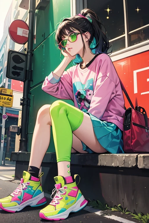 Rox has brown skin, dark brown eyes and black hair with pink, green and blue streaks in front. She wears a black tee-shirt with a blue striped pattern on it, a yellow skirt decorated with a paint splatter design, neon green knee-high socks, and red high-top sneakers. In some outdoor scenes, she has green sunglasses on her head and a red pocketbook over her shoulder. SPARKLE; GLITTER