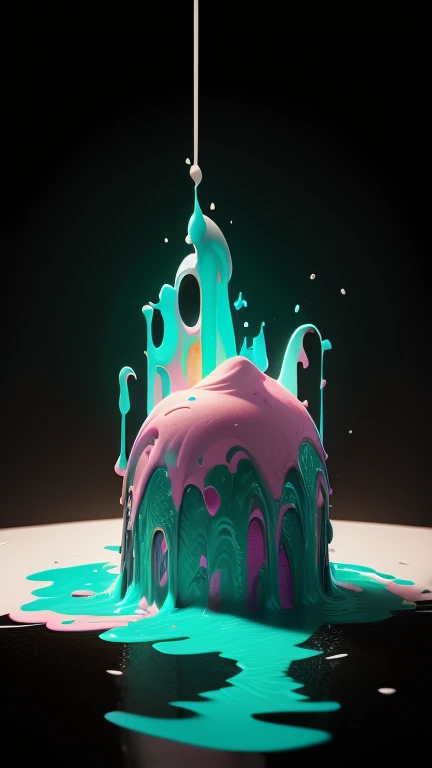 commercial photography, poderosa explosión de slime comes from the bottom of the shot in the image in a small stream and ends in the middle of the image in a large splash, paint splash, wet, artstation, by Lisa Frank, (cartoon, anime, flat colours, thin contours, colorfull: 1.3), in the center of the explosion, white lighting, luz de estudio, 8K octane rendering, high resolution photography, buen detalle, incredibly detailed, en una llanura negra y aislada, foto de stock, professional color correction