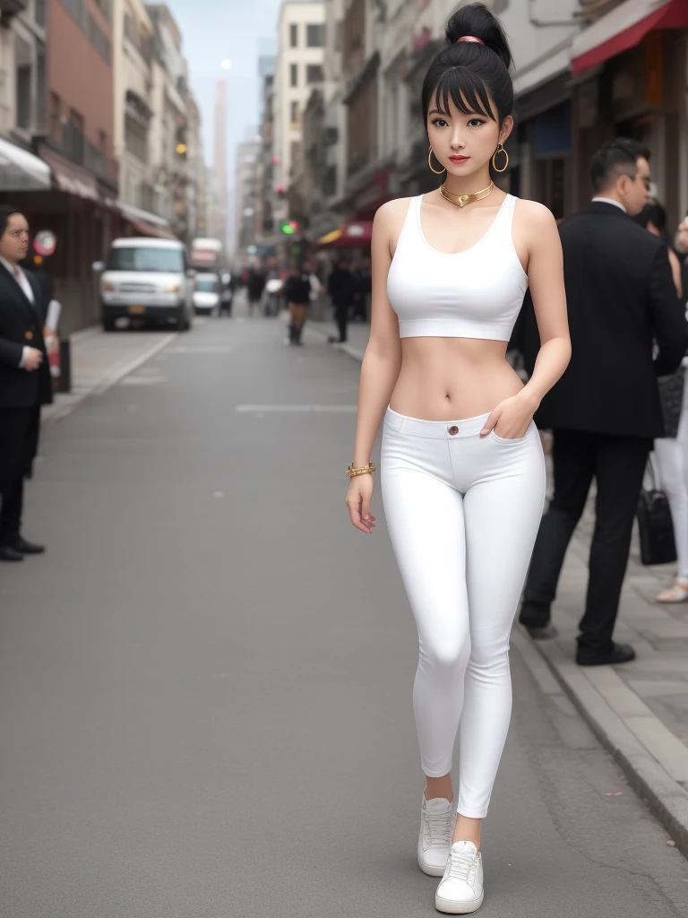 （Same role, front）, （（Best quality））, （（masterpiece））, （（Ultra-high resolution））, （Intricate details）, （Soft lighting）, Movie, dramatic, work, Clear skies, barbarian, Surreal, epic, Awe, Rich in details, 1 female, （Beautiful Body）, White leggings, (White top) (short, Tight top), （Full body shot）, （Black hair：1.5）High Ponytail, sharp, Surreal主义, Collar, （Details）, Hair accessories, earrings, bracelet, ring, soft lips, Pink lipstick, blue eyes, golden ratio, Broad shoulders, Narrow waist, Normal breast, Real human skin, Dark Shadows, Backlight, Natural daylight, Street background, Smile, blush blush, Depth of Field, Whole body, Standing, Delicate face, detailed body, net, （Whole body： 1.6）, （Bokeh：1.1）, Skyline, （Realistically： 1.4）, looking at the audience, double eyelids, （Standing： 1.3）, For the audience, full-body shot（FLS）, Keep your arms at your sides, Thigh clearance, The only person, 35 mm, lens flare, Vanishing point