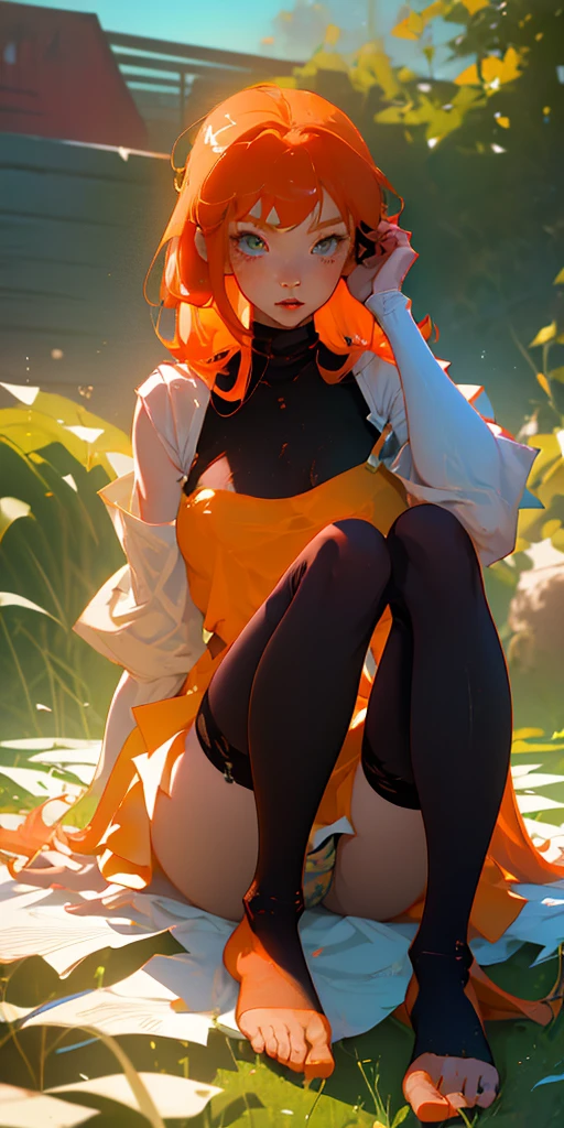 Ginger anime girl in dirty stockings looking down at the viewer with her foot extended to the viewers face