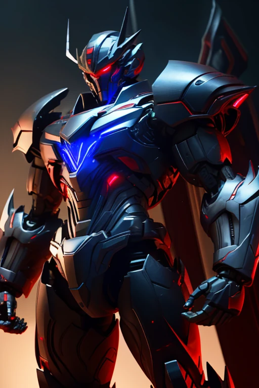 Evil robot, muscular body, has laser powers, lasers are red, has dark blue armor, has red eyes, and lives in a robot society