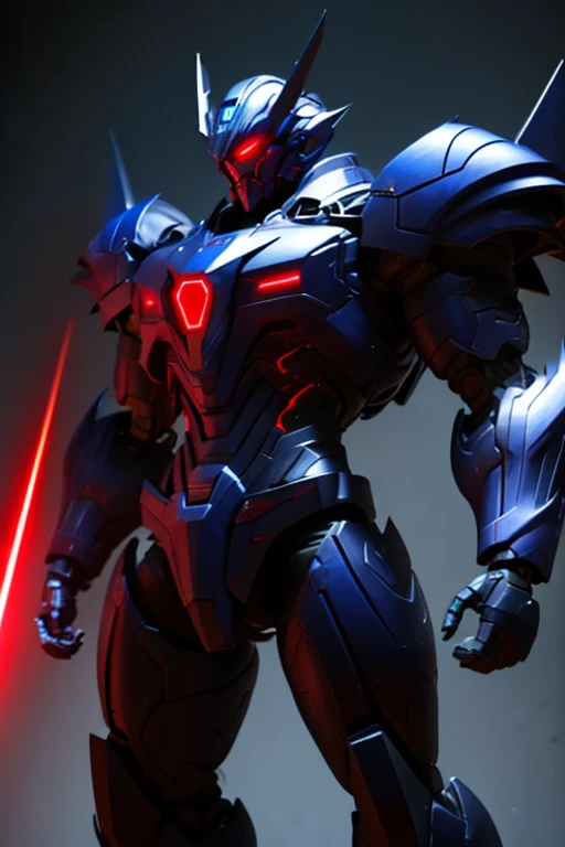 Evil robot, muscular body, has laser powers, lasers are red, has dark blue armor, has red eyes, and lives in a robot society