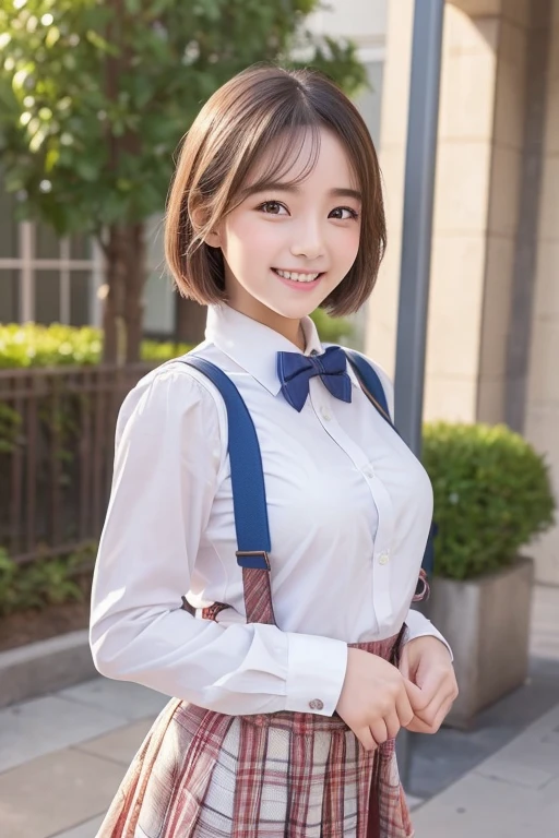 little young girl.................,, in front of the school、Connect to skirt with suspenders、White shirt with long sleeves、Plaid skirt、, , sakimichan,, nice and cute, Innocent smile, , Lovely smile, sakimichan HDRI、 big 、(Beauty Big 1:2)、a blond、 with short bob、Pose cutely