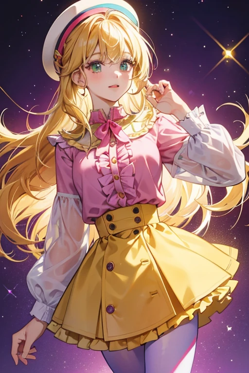 Sunny has fair skin, light green eyes and golden blonde hair with bright scarlet and purple highlights. She wears a blue button-down shirt with a pink collar, matching blue tights, and a yellow/red frill skir. SPARKLE; GLITTER