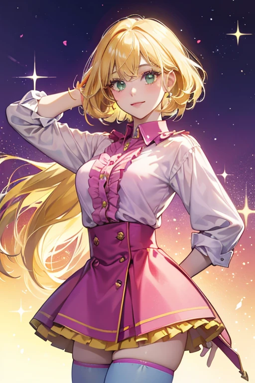 Sunny has fair skin, light green eyes and golden blonde hair with bright scarlet and purple highlights. She wears a blue button-down shirt with a pink collar, matching blue tights, and a yellow/red frill skir.  SPARKLE; GLITTER