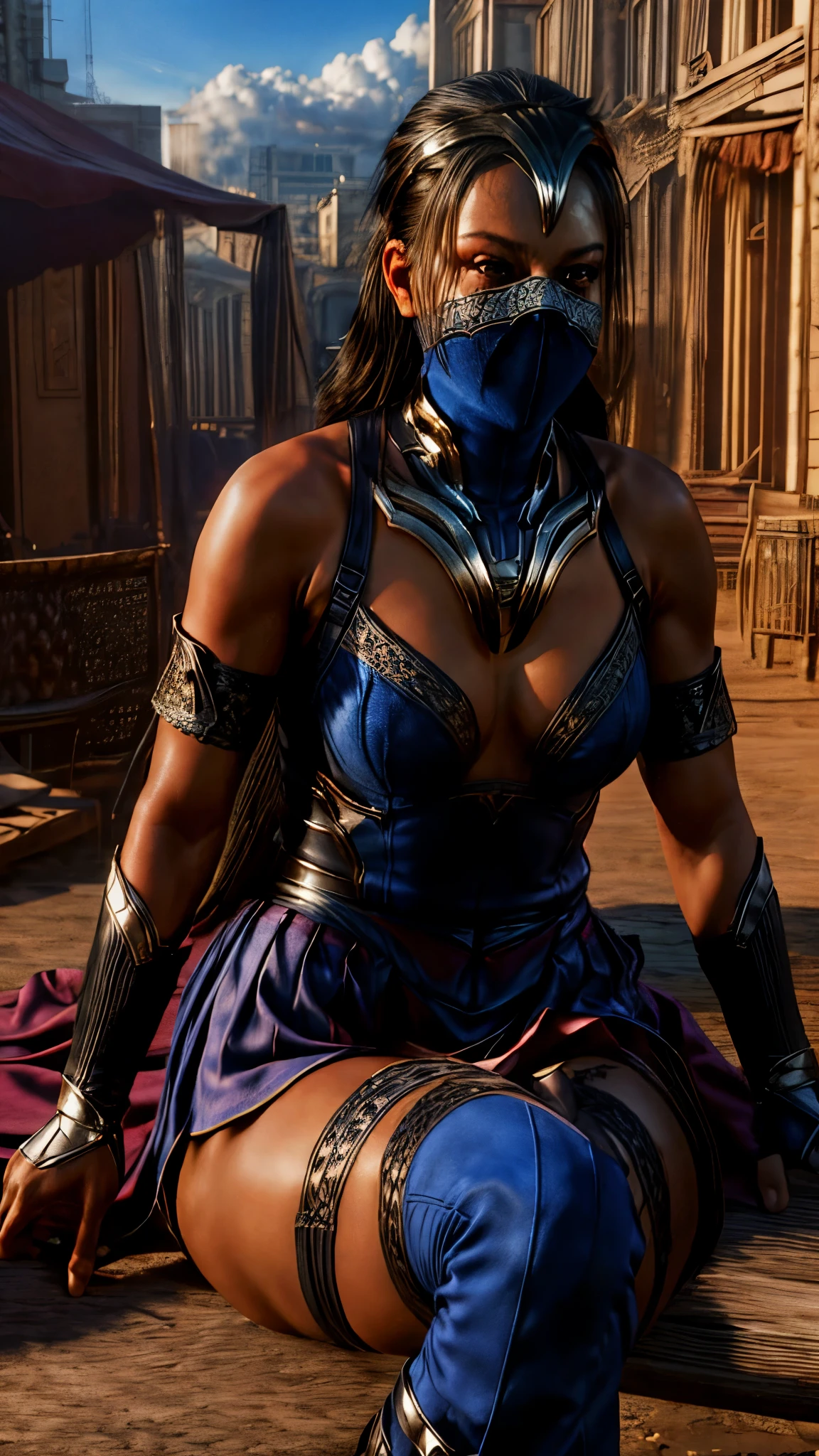 kitana, masterpiece, best quality,  ultra high res, (photorealistic:1.4), raw photo, finely detail, ultra detailed, highres, best shadow, sharp, focus, 8k UHD, DSLR, high quality, long hair, solo, 1girl, gloves, black hair, thighhighs, skirt, elbow gloves, sky, sitting, blue thighhighs, looking at viewer, outdoors, blue sky, cloud, sunlight, city, building, mask, veil, brown eyes, mouth mask, covered mouth, mouth veil