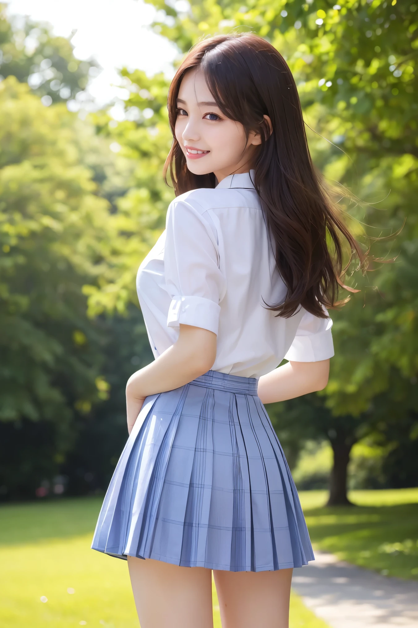 (highest quality、Tabletop、8k、Best image quality、Award-winning works)、One high school girl、、(alone:1.1)、Perfect beautiful composition、(Breasts so big that they almost burst:1.2)、(Accentuate your body lines:1.1)、Slender body、(Perfect and precise white polyester shirt:1.1)、(Navy plaid pleated skirt:1.1)、(Photo on the leg:1.2)、Look at me and smile、(Beautiful park background with strong blur:1.1)、The most natural and perfect beauty park、Perfectly maintained regular park、Standing Elegantly、Natural Makeup、(beautiful thick legs:1.1)、Beautiful legs、Ultra-high definition beauty face、Ultra HD Hair、Ultra-high definition sparkling eyes、(Ultra-high resolution glossy skin:1.1)、Ultra-high quality glossy lips、Accurate anatomy、(very bright and vivid:1.1)、(Rear view:1.3)、(She's pointing her butt towards me:1.2)、(Turn around and look at me:1.2)、(big and beautiful hips:1.1)、(Emphasizes the beautiful hip line:1.1)、Big Ass、(Very large breasts:1.2)