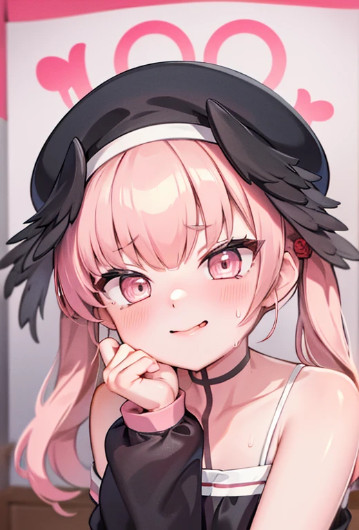 masterpiece,16k,8k,Delicate expression,highest quality,high resolution,High resolution,Sweat,1girl,look at viewer, seductive smile,sweat stains,pink hair,fish eye lens,from above,front face,kiss