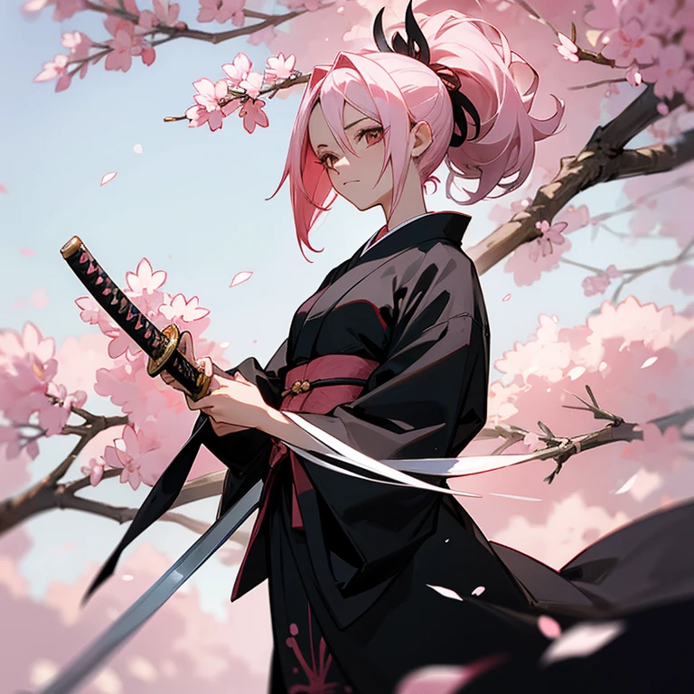 Crie uma personagem de Bleach, com cabelo rosa espetado, um kimono branca e preto semi aberto e com bandagens no seu peitoral, Holding her katana and with cherry blossoms behind her.