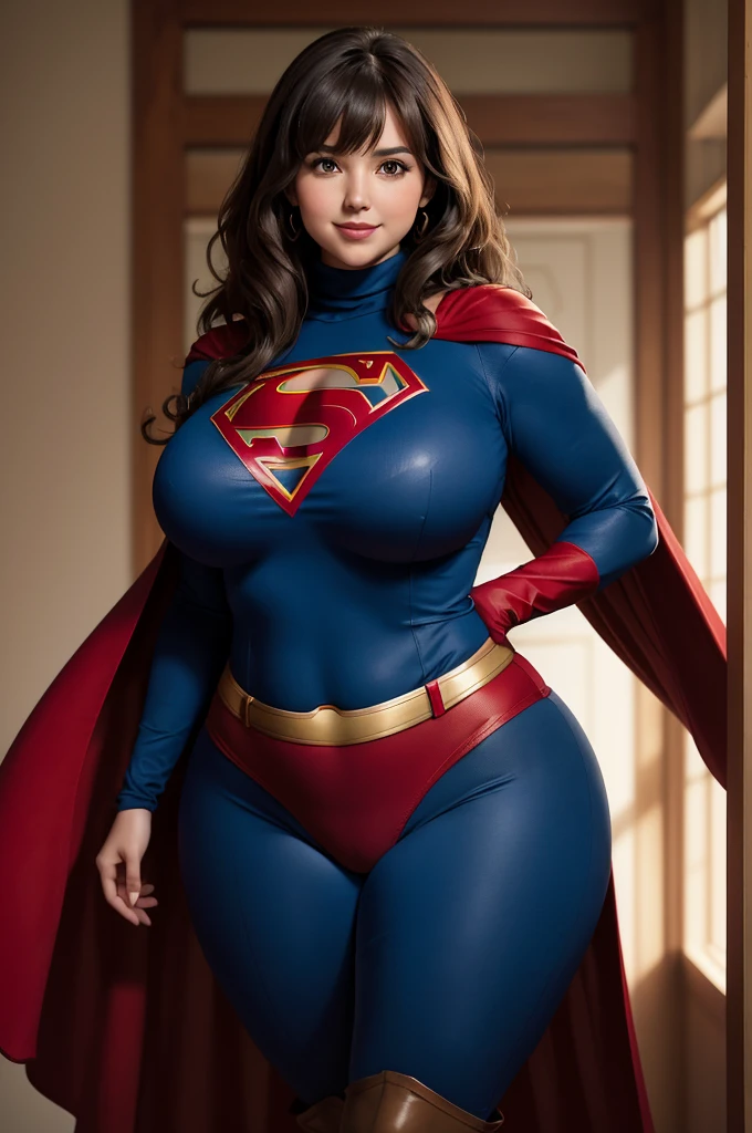 Supergirl, 29 years old, full body shot, Beautiful woman shoulder length curly brunette hair, two side up with bangs, ringlets, shoulder length curly brunette hair with bangs, two side up, ringlets, shoulder length curly brunette hair with bangs, two side up, ringlets, figure : (very full figure, very chubby, curvy, muffin top, love handles, extra thick, extra thicc, navel, very soft, fat hips, very thick, big breasts, sexy, sexy pose, fat thighs). clothes: ( flowing red cape, turtleneck blue top, long sleeve, skintight long blue pants, with red trim of supergirl). Red lipstick, smiling slightly, hands free, standing facing viewer, (droopy breasts:1.3)